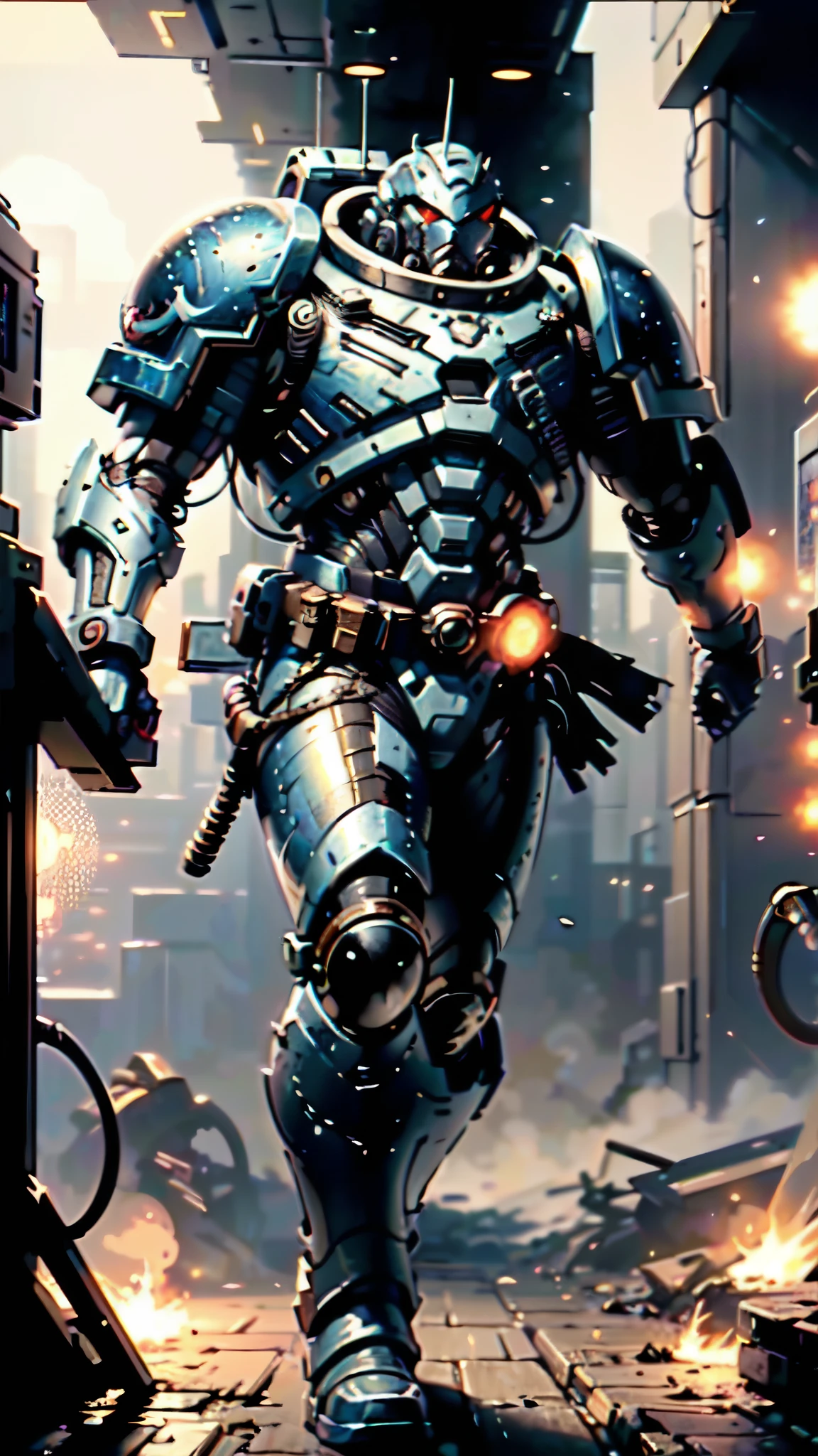 (masterpiece:1.5, best quality:1.5, extremely delicate:1.5), ((male:1.5)), a man wearing a full-face helmet, a biotech armored combat suit, green eyes, (a composite layered chest armor), fully enclosed shoulder guards, matching arm and leg guards, a belt of gemstone, (the color scheme is primarily white with blue and red accents), the design balances heavy with agility, a high-tech bio-mecha armor, (Armor Concept Inspired by Space Marines, stand of a futuristic sci-fi city), this character embodies a finely crafted fantasy-style armored hero in anime style, exquisite and mature manga art style, (element, plasma, energy, the armor glows), metallic, high definition, highres, ultra-detailed, ultra-fine painting, professional, perfect body proportions, golden ratio, anatomically correct, symmetrical face, extremely detailed eyes and face, high quality eyes, creativity, RAW photo, UHD, 32k, Natural light, cinematic lighting, masterpiece-anatomy-perfect