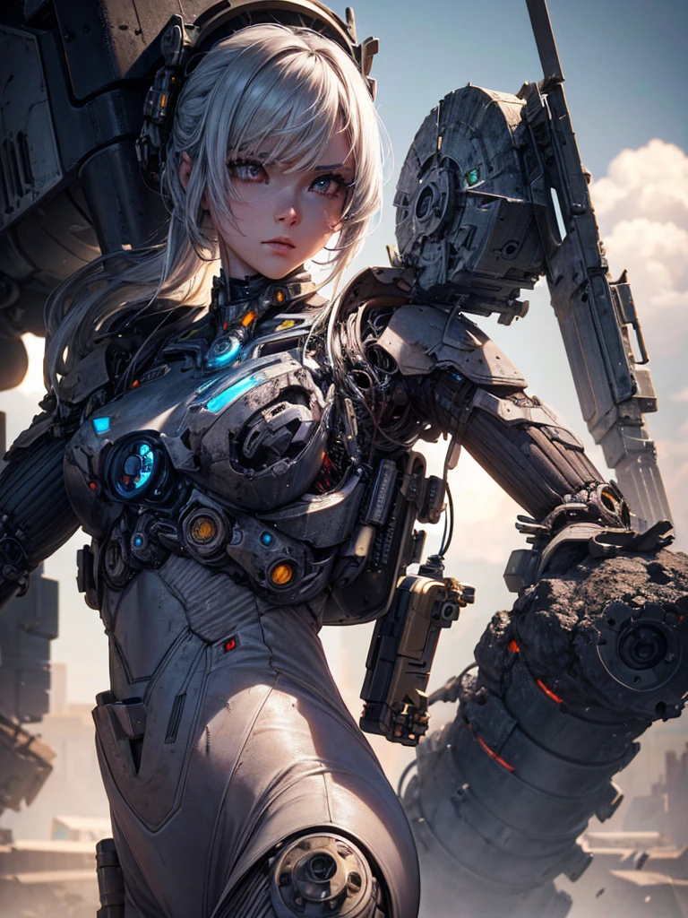 nsfw, 1girl, nude body, cyberpunk, mecha armor, riding mechanical horse, (masterpiece: 1.4), (8K, realistic, raw photo, best quality: 1.4), nipple areola shape clear, Japanese girl, small breasts, beautiful cute face, (real face: 1.4), perfect pussy, beautiful hairstyle, realistic blue eyes, beautiful detail eyes, (real skin: 1.3), beautiful skin, attractive, ultra high resolution, ultra realistic, city ruins, post apocalyptic world, cinematic lighting, white colored hair, long hair, twin ponytails, blue ribbons, angry face, weapon in hands, futuristic fantasy, battle pose