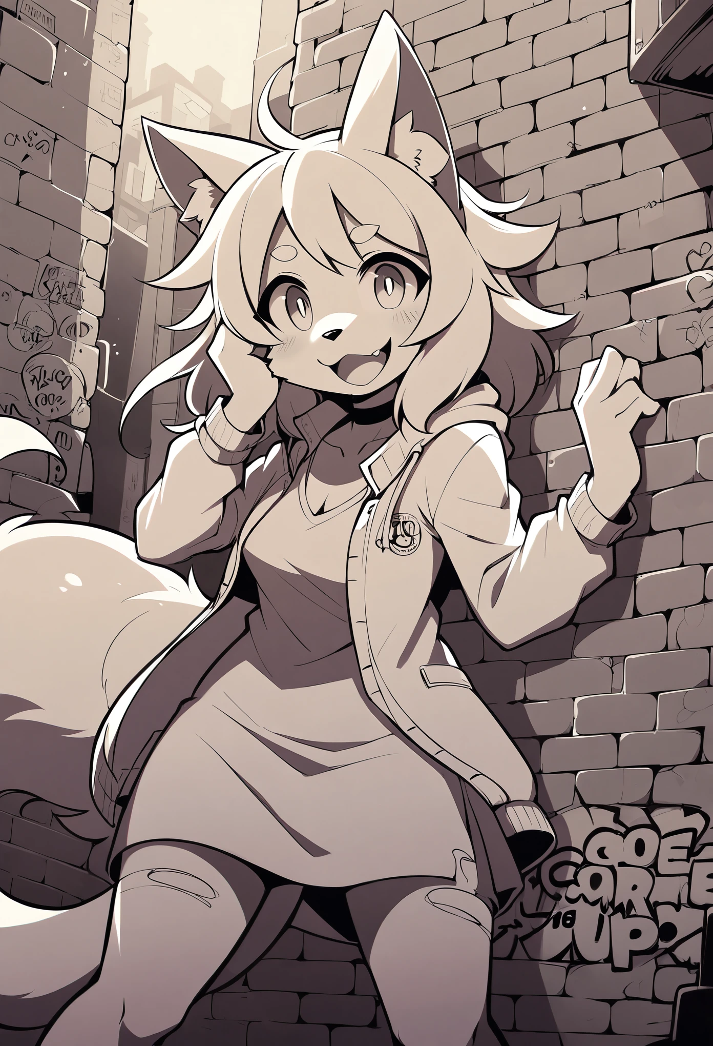 rating_safe, score_9, score_8_up, score_7_up, score_6_up, score_5_up, score_4_up, source_furry, highres, e621, cover page, laughing, perfect anatomy, lineart, monochrome, 1girl, kemono, furry, anthro, choker, shirt, torn legwear, open jacket, against wall, brick wall, graffiti, dim lighting, alley, dynamic angle,