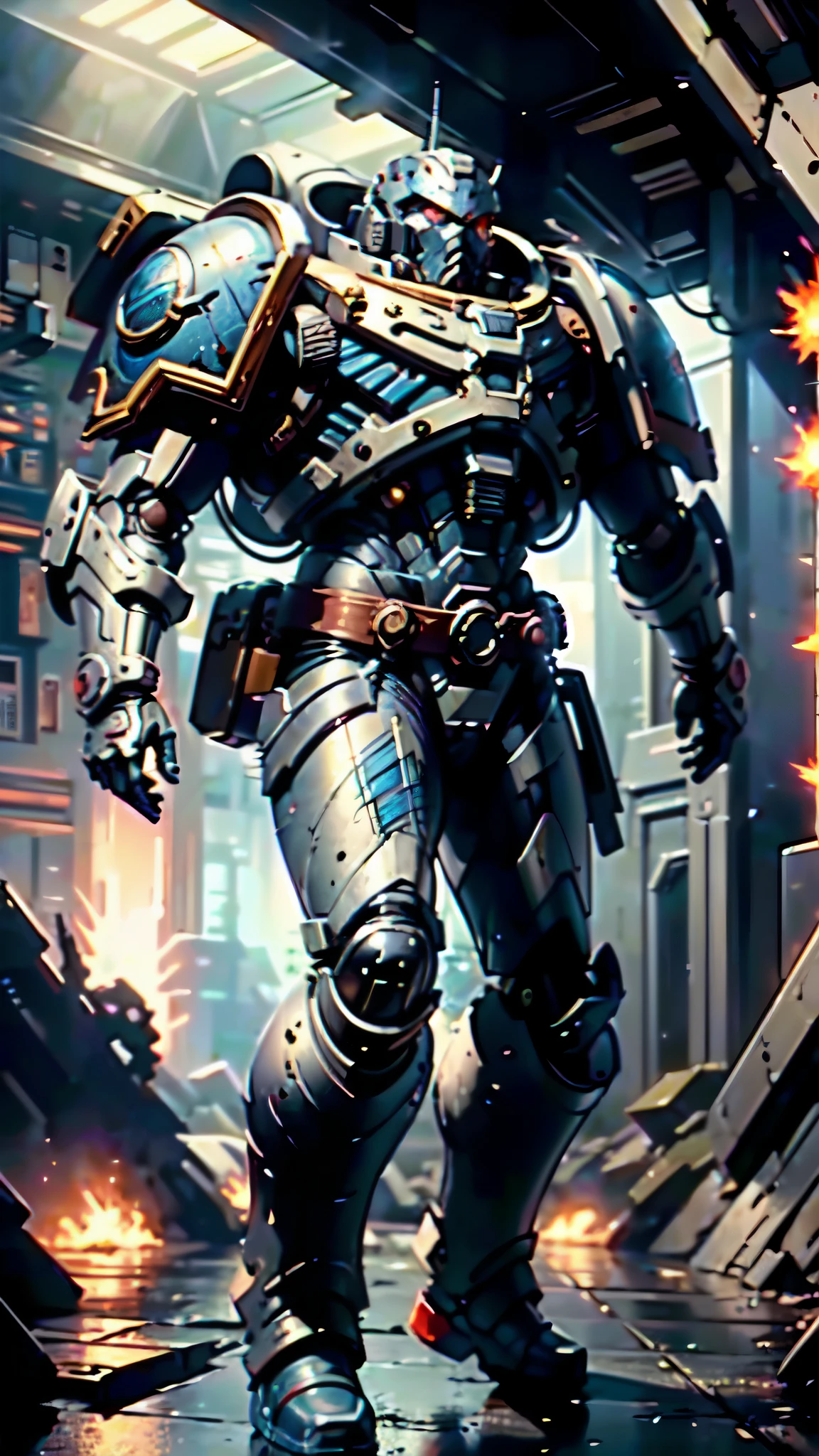 (masterpiece:1.5, best quality:1.5, extremely delicate:1.5), ((male:1.5)), a man wearing a full-face helmet, a biotech armored combat suit, green eyes, (a composite layered chest armor), fully enclosed shoulder guards, matching arm and leg guards, a belt of gemstone, (the color scheme is primarily white with blue and red accents), the design balances heavy with agility, a high-tech bio-mecha armor, (Armor Concept Inspired by Space Marines, stand of a futuristic sci-fi city), this character embodies a finely crafted fantasy-style armored hero in anime style, exquisite and mature manga art style, (element, plasma, energy, the armor glows), metallic, high definition, highres, ultra-detailed, ultra-fine painting, professional, perfect body proportions, golden ratio, anatomically correct, symmetrical face, extremely detailed eyes and face, high quality eyes, creativity, RAW photo, UHD, 32k, Natural light, cinematic lighting, masterpiece-anatomy-perfect