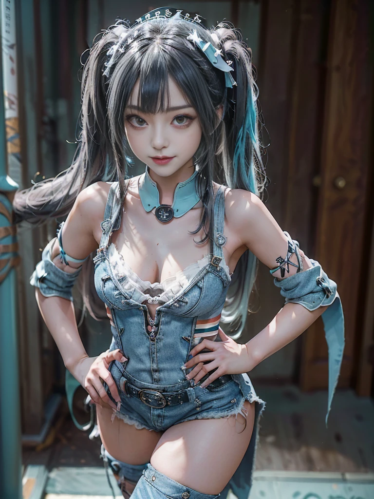 (Full Body View:1.3)、(Smiling with teeth showing:1.3),(Shibuya Gal:1.5)、(Goth Style Fashion:1.5)、(Sexy nurse cosplay:1.5)、(Wearing a rhythmic gymnastics bodysuit with intricate details:1.4)、(Cloak de cour with delicate decorations in white, denim and turquoise:1.5)、(Denim with turquoise and white boots:1.3)、((belt))、(Numerous delicate logo marks all over the costume:1.4)、(Denim collar:1.3)、(Striped underwear:1.5)、30 years old、NSFW、((Highest quality、In 8K、masterpiece:1.3))、Sharp focus:1.2、(Layered Cut、Beautiful boobs:1.1),Beautiful woman with perfect figure:1.4、(Sexy gravure pose:1.3)、Slender Abs:1.2、Highly detailed face and skin texture、Detailed eyes、double eyelid,(Twin tails:1.3)、(Dark grey hair:1.3)、Gravure idol、(背景は幻想的なGravure idolの撮影会:1.3)、(Slim Body:1.3),(Make your legs thinner:1.4),(clavicle:1.1)、(Thin thighs:1.2)