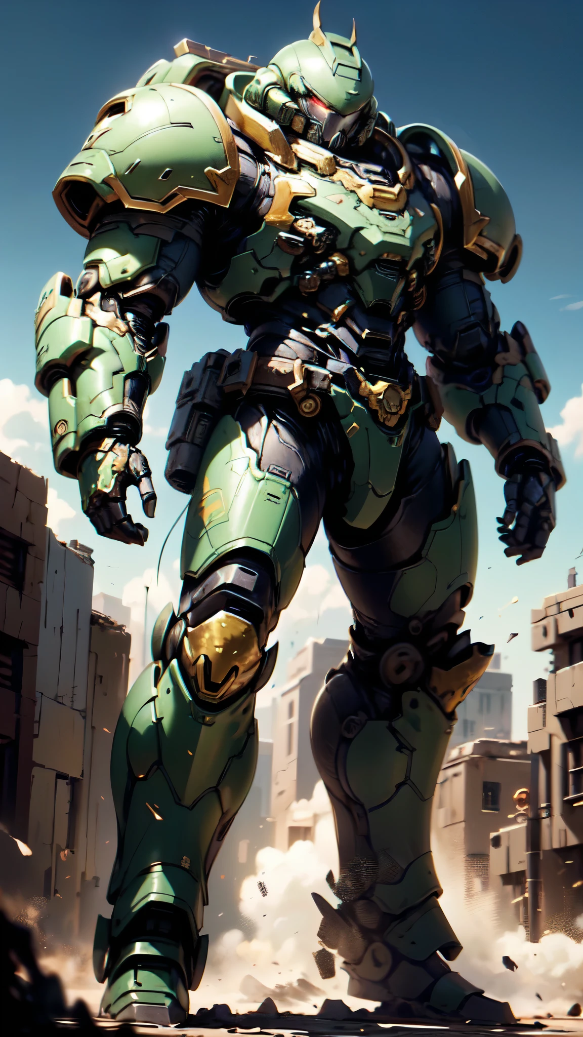 (masterpiece:1.5, best quality:1.5, extremely delicate:1.5), ((male:1.5)), a man wearing a full-face helmet, a biotech armored combat suit, green eyes, (a composite layered chest armor), fully enclosed shoulder guards, matching arm and leg guards, a belt of gemstone, (the color scheme is primarily black with green and red accents), the design balances heavy with agility, a high-tech bio-mecha armor, (Armor Concept Inspired by Space Marines, stand of a futuristic sci-fi city), this character embodies a finely crafted fantasy-style armored hero in anime style, exquisite and mature manga art style, (element, plasma, energy, the armor glows), metallic, high definition, highres, ultra-detailed, ultra-fine painting, professional, perfect body proportions, golden ratio, anatomically correct, symmetrical face, extremely detailed eyes and face, high quality eyes, creativity, RAW photo, UHD, 32k, Natural light, cinematic lighting, masterpiece-anatomy-perfect