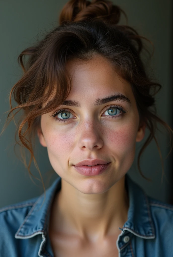 realist 18 years old spanish girl, brunette hair, beatiful clear blue eyes, natural and détailed face, wearing sport cloths, big natural , midlong hair, at home, seductive smirk