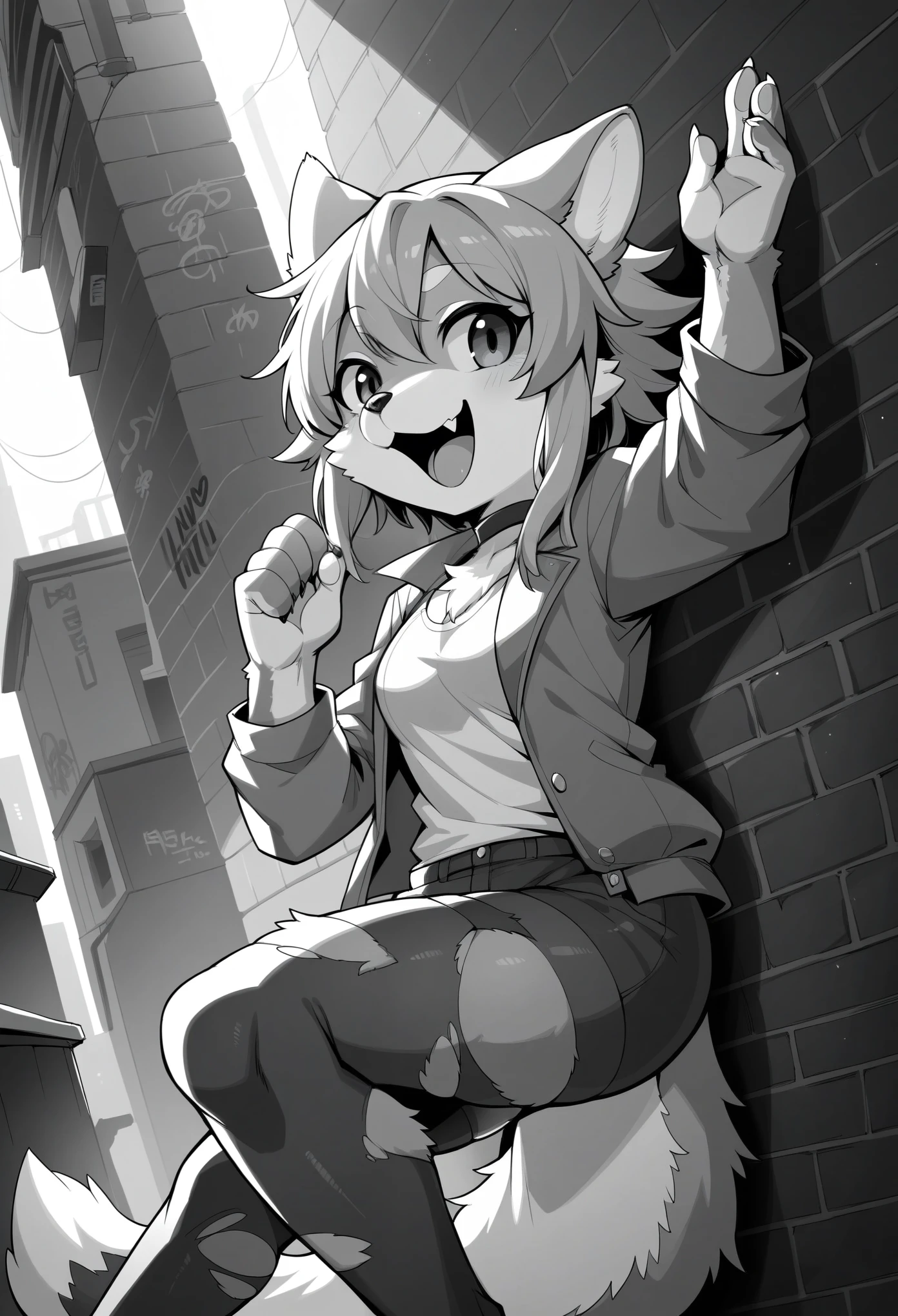 rating_safe, score_9, score_8_up, score_7_up, score_6_up, score_5_up, score_4_up, source_furry, highres, e621, cover page, laughing, perfect anatomy, lineart, monochrome, 1girl, kemono, furry, anthro, choker, shirt, torn legwear, open jacket, against wall, brick wall, graffiti, dim lighting, alley, dynamic angle,