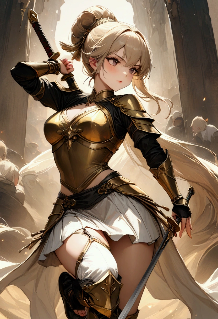 Realism，Game CG，She is a female knight from the ancient East，Classic updo with exquisite headdress，Wearing bronze Tang Dynasty Ming Guang armor，Long sleeves with wrist and arm guards，The leg armor is a short skirt.Wearing white trousers under a short skirt.Fighting Stance，Holding a medium long sword，Face powerful enemies，Revealing the determination to win at all costs，最high quality, 8K, masterpiece: 1.3, Ultra HD, high quality, 最high quality, high resolution,