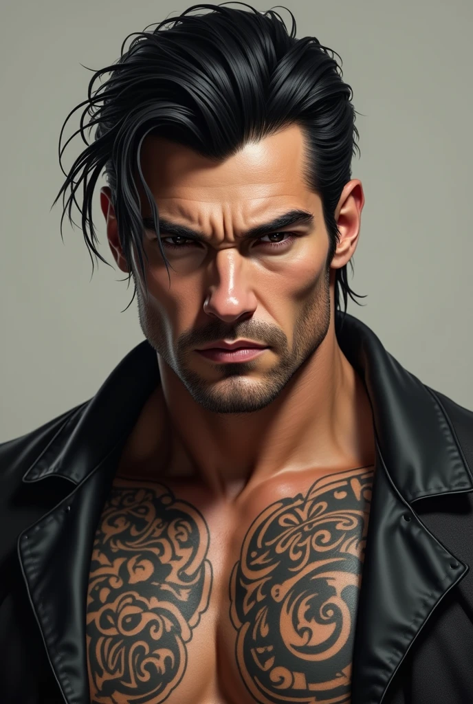 A mafia man, Long hair，open clothes, no clothes, muscular body, Asian men, detailed face, anime style, focus on face