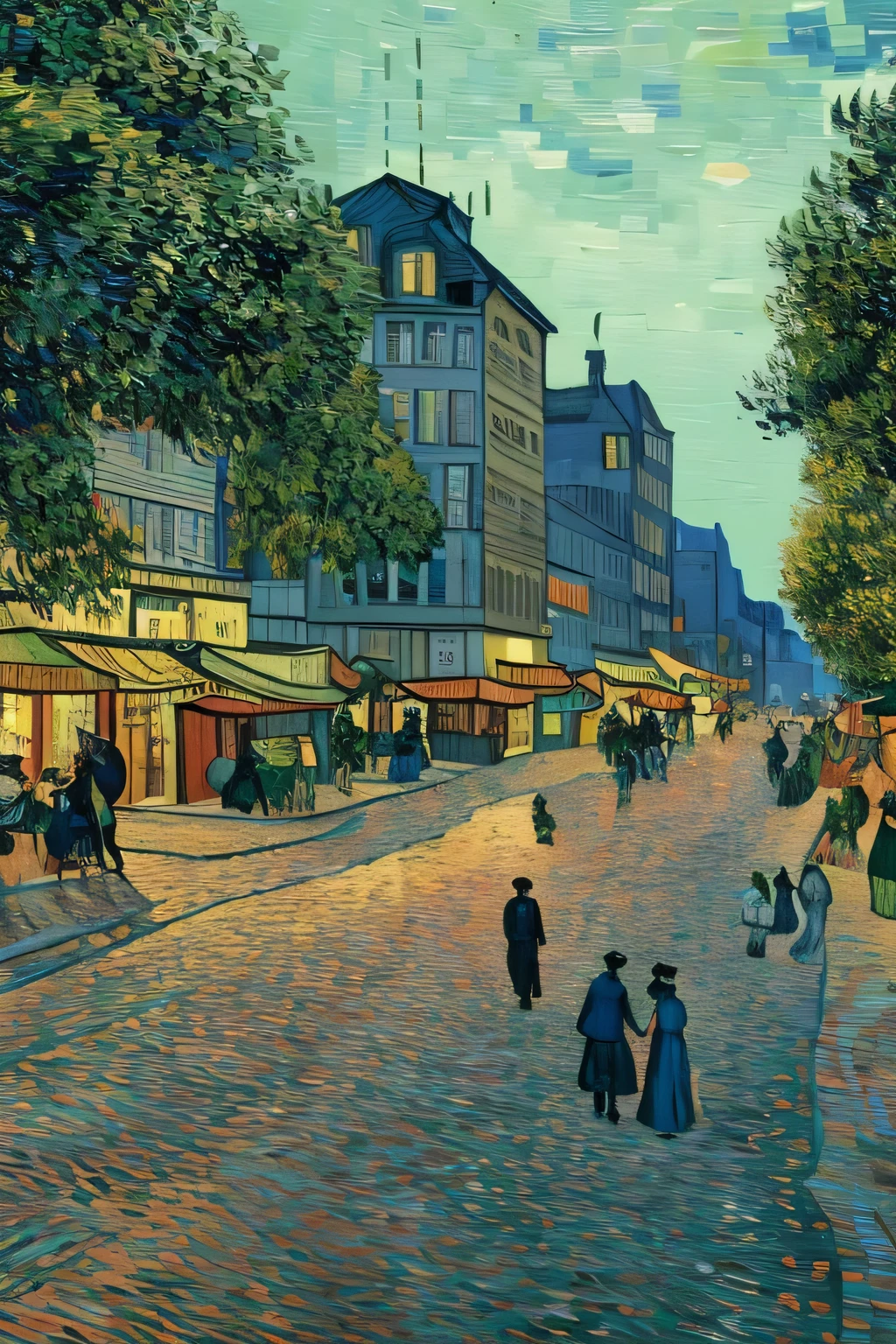 Create a Vincent van Gogh-inspired night scene of a bustling 1800s city street. Focus on a charming coffee shop, its warm light glowing and spilling onto the cobblestone pavement with Van Gogh’s characteristic swirling brushstrokes. The street should be alive with activity, depicting people in vibrant 1800s fashion—men in top hats and tailcoats, women in elegant dresses and bonnets. Render their figures with dynamic, expressive strokes that capture the energy of the night. Include horse-drawn carriages and flickering gas lamps, all portrayed with Van Gogh’s intense colors and bold, swirling lines. The scene should radiate with a vivid, almost chaotic sense of motion and warmth, reflecting the lively social atmosphere of the era.

