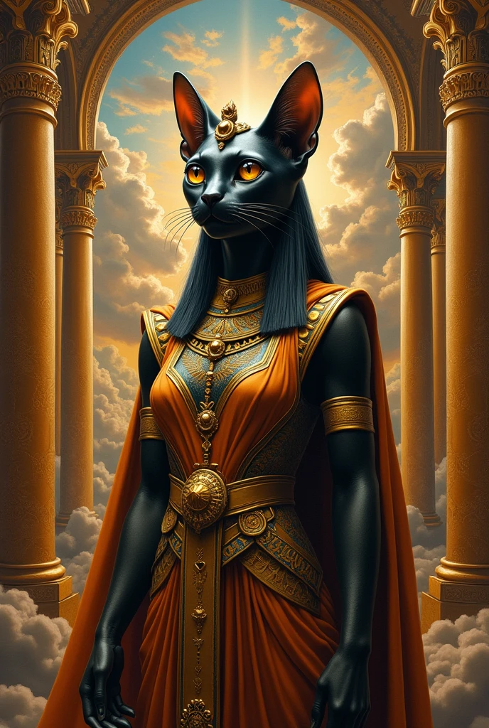 An artistic representation of Bastet's evolution in Egyptian mythology, starting as a fierce warrior goddess in battle armor, then gradually transforming into a nurturing figure associated with love, fertility, and motherhood.