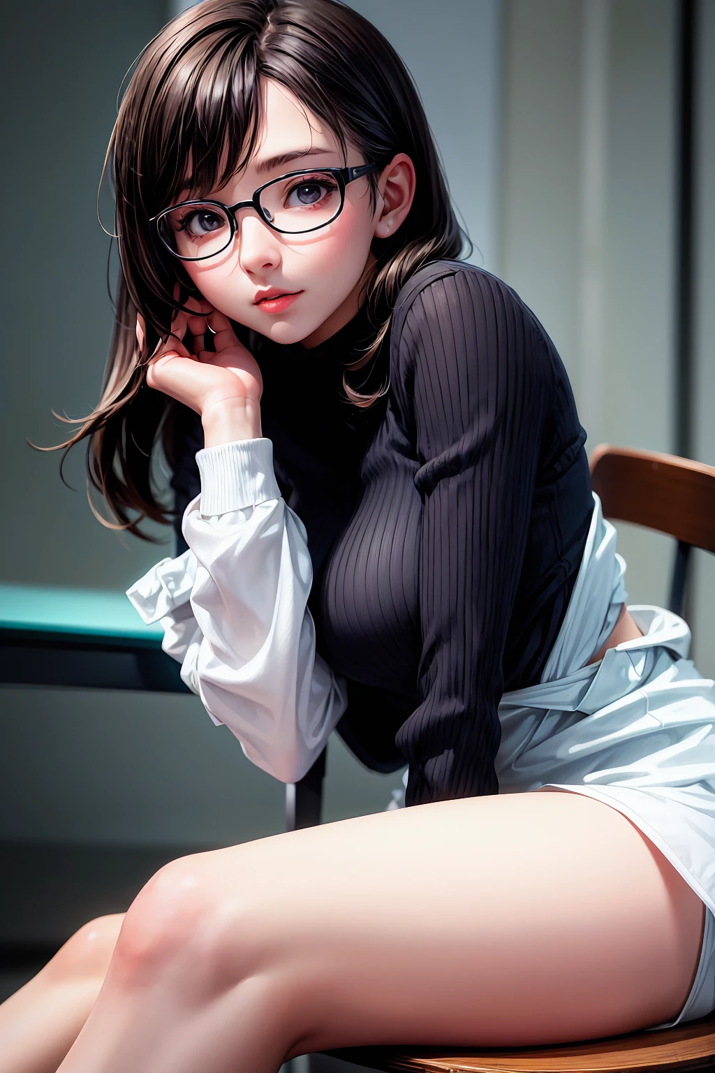 high-definition images, atmospheric perspective, 8k, super detail, accurate, best quality, (((straddling to hit her frontside of crotch against the pole, for masturbation))), (realistic skin), ecstasy face, dark brown pupil, ((drooping eyes, blush)), ((sleepy face)), ((elaborately designed luxury panties for adults, panties high definition images, draw panties with super precision)), open mouth, thin thighs, thin legs, eccentric pose, slut, (angle from below), in the factory, machines, clerk, shirt, skirt, hair up, ((dark pubic hair, swollen areolas)), small thin glasses,