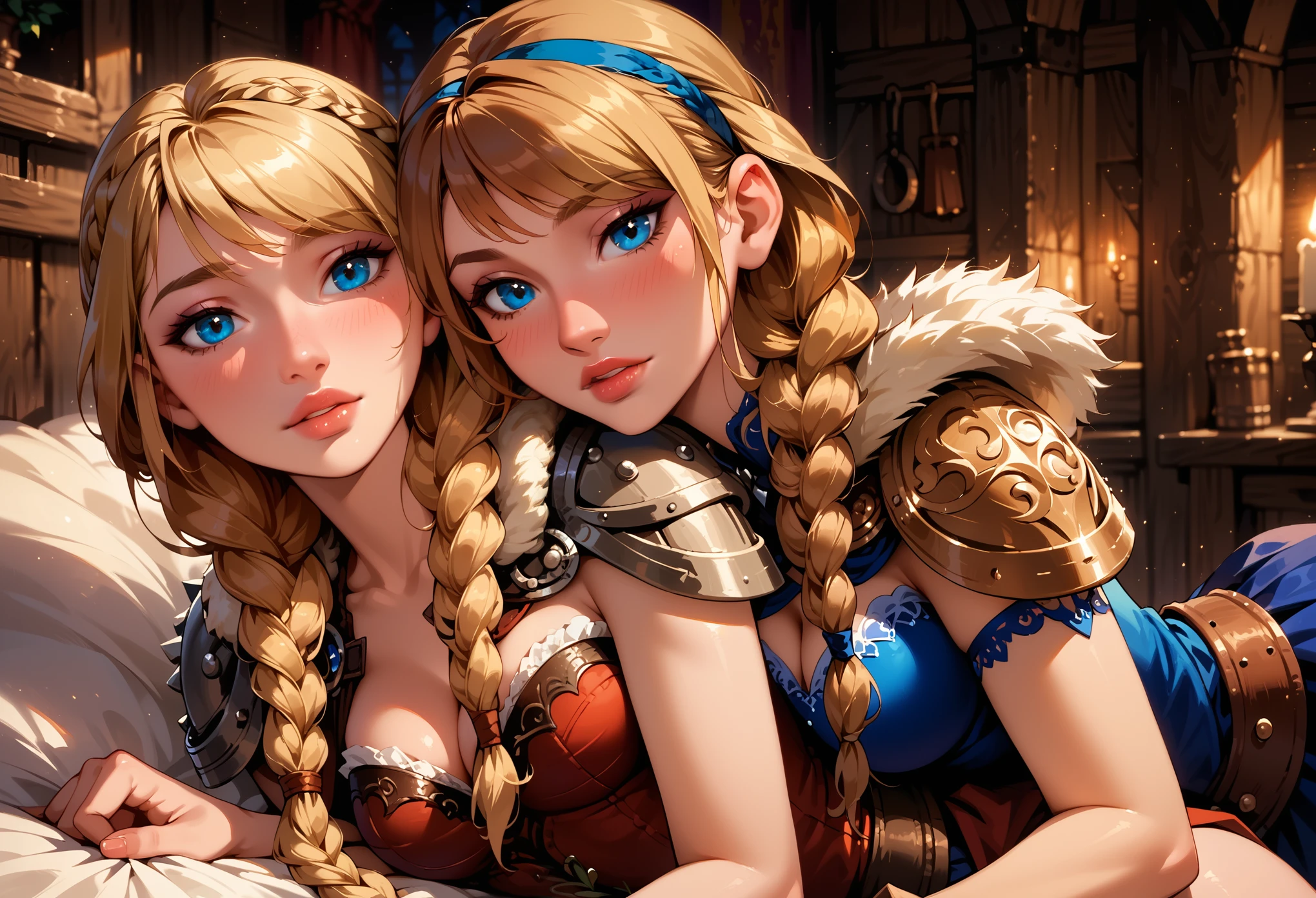 Dark Fantasy Art of score_9, score_8_up, score_7_up, rating_explicit, fantasy, lighting, epiCPhoto 2girls, duo, couple, yuri, very sexy (ASTRIDHOFFERSON, blonde hair, braid, Long hair, blue eyes, fur trim, shoulder armor, armor, pauldron:1.2), and (Anna, brown hair, braided pigtails:1.3), cleavage, flirt, gaze, sexy look, half-closed eyes, head tilt, filled lips, thick lips, makeup, modelling shoot, in bed, laying together, dark, moody, dark fantasy style, (midnight, moonless night:1.1).