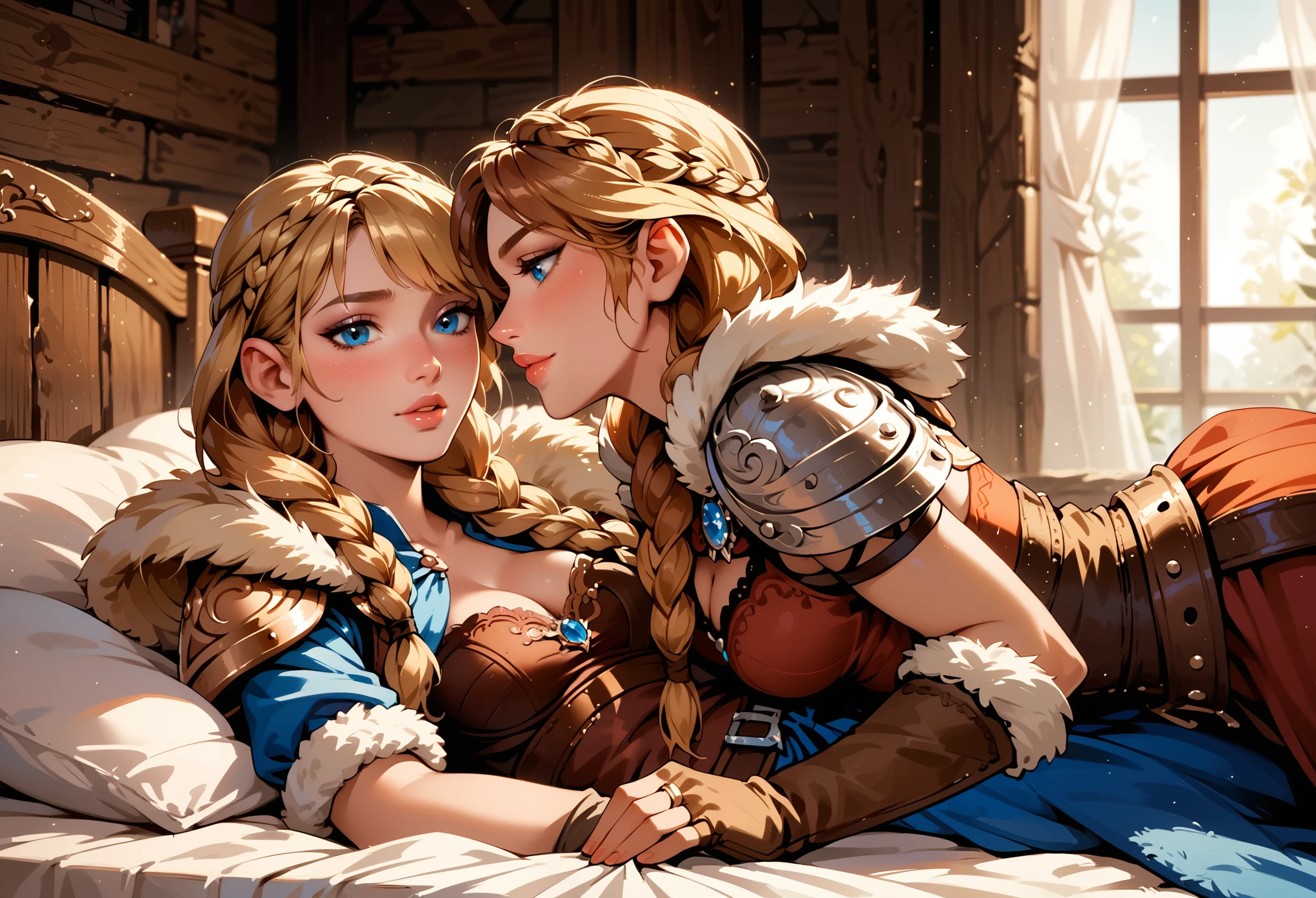 Dark Fantasy Art of score_9, score_8_up, score_7_up, rating_explicit, fantasy, lighting, epiCPhoto 2girls, duo, couple, yuri, very sexy (ASTRIDHOFFERSON, blonde hair, braid, Long hair, blue eyes, fur trim, shoulder armor, armor, pauldron:1.2), and (Anna, brown hair, braided pigtails:1.3), cleavage, flirt, gaze, sexy look, half-closed eyes, head tilt, filled lips, thick lips, makeup, modelling shoot, in bed, laying together, dark, moody, dark fantasy style, (midnight, moonless night:1.1).