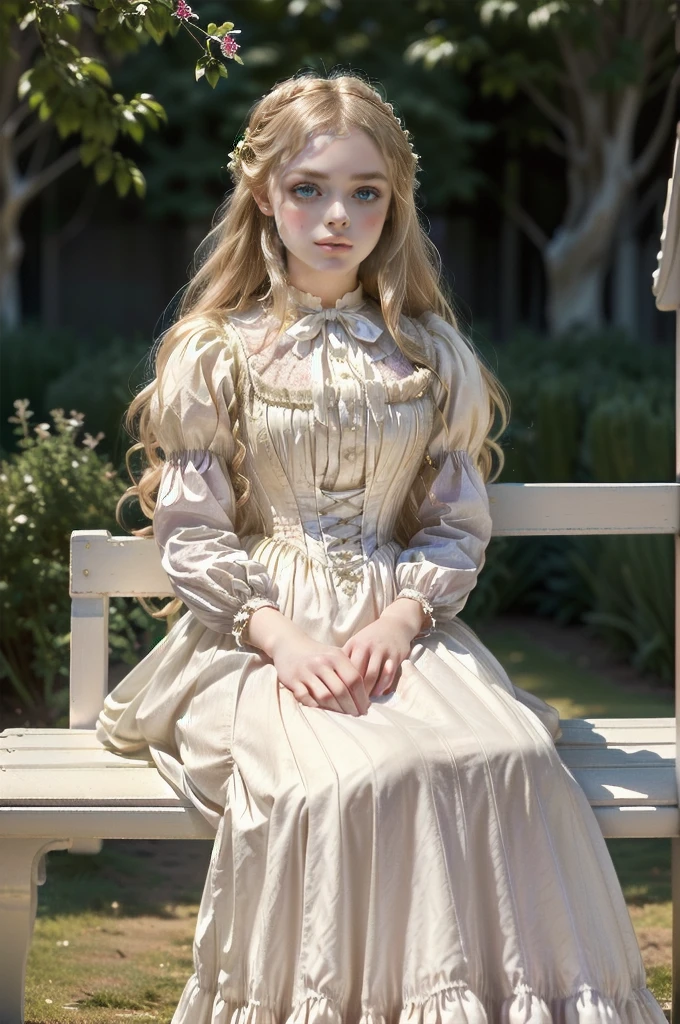 there is a teen sitting on a bench in a white dress, wearing 10s era clothes, inspired by Edmund Leighton, victorian style costume, a beautiful victorian woman, young victorian sad fancy lady, a beautiful woman in white, victorian dress, portrait of elle fanning, portrait of ****ta, wearing a white folkdrakt dress, a stunning young ethereal figure, 1885, england. Pre-raphaelite 1 Freya Mavor, blonde, boarding school gardens, ((((1880s clothes, white dress)))), ((1880s hairstyle)), PERSEPHONE, (tan, sd character:1.1)