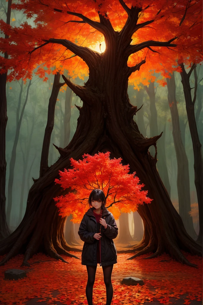 a girl standing under the dead tree,black and red palette,eerie,