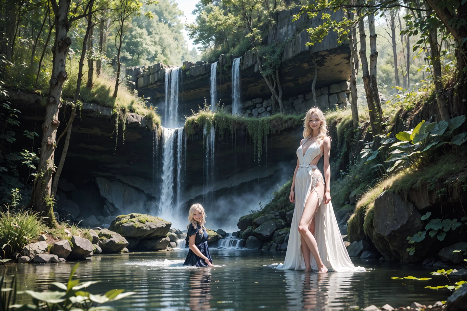 , beautiful girl, swimming in a pond,  2girls, evening_gown, blond hair,  night,  happy, jungle, forest animals, moody, fantasy, fairytale, (photorealistic:1, masterpiece, best quality, highres:1.3), ultra resolution image, cute, tall trees, leaves, pond,multiple girls, waterfall, flower in hair,