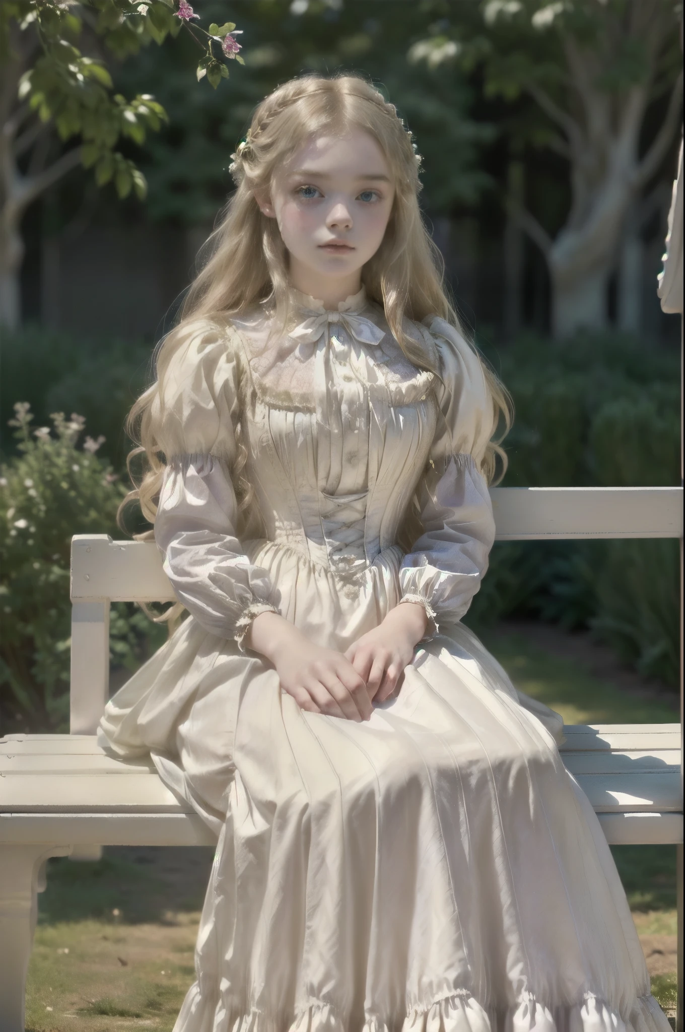 there is a teen sitting on a bench in a white dress, wearing 10s era clothes, inspired by Edmund Leighton, victorian style costume, a beautiful victorian woman, young victorian sad fancy lady, a beautiful woman in white, victorian dress, portrait of elle fanning, portrait of lolita, wearing a white folkdrakt dress, a stunning young ethereal figure, 1885, england. Pre-raphaelite 1 Freya Mavor, blonde, boarding school gardens, ((((1880s clothes, white dress)))), ((1880s hairstyle)), PERSEPHONE, (tan, sd character:1.1)