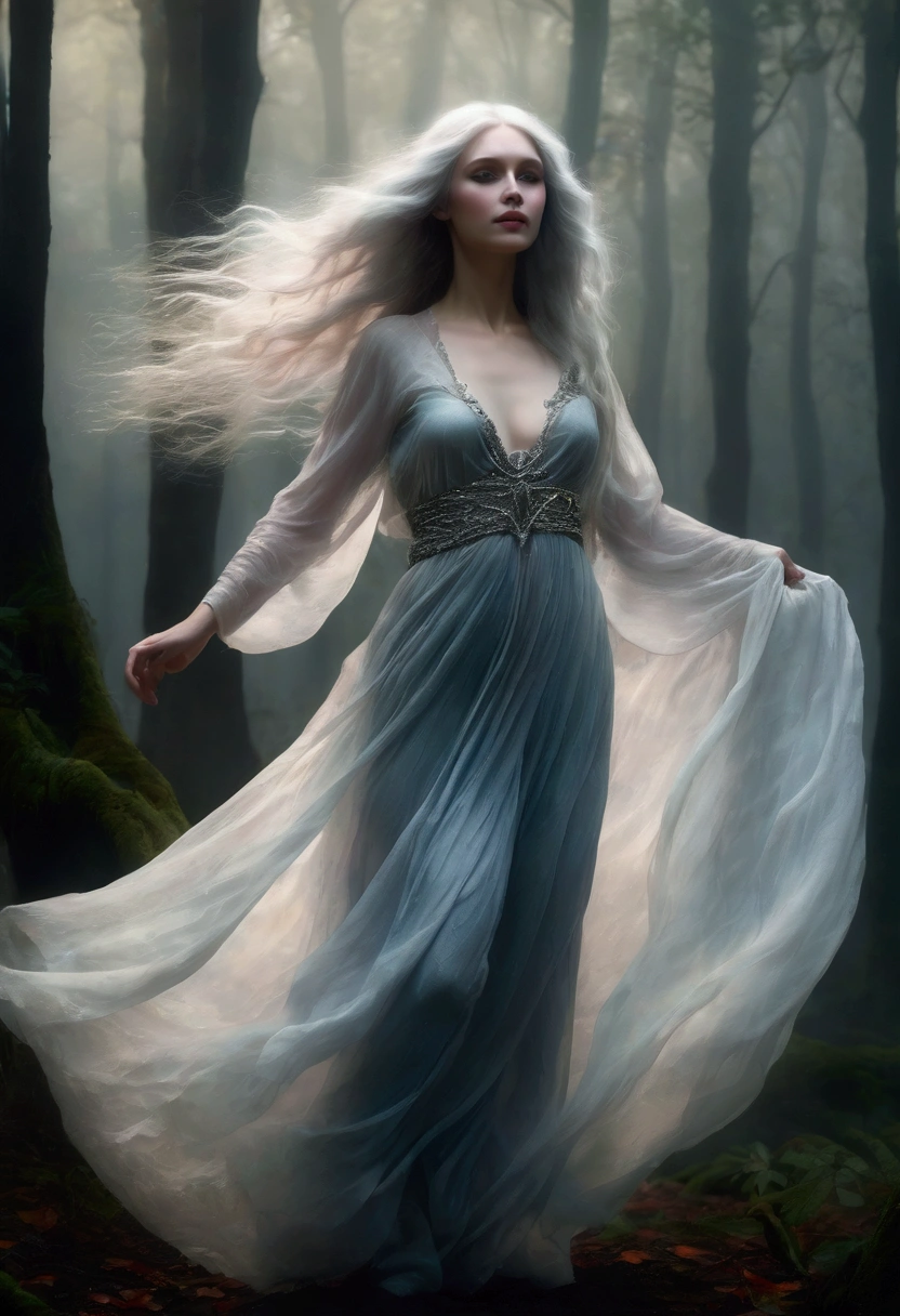 realistic, highly detailed, fantasy, beautiful woman with pale skin and long flowing silvery hairs, sheer loose flowing clothing of ethereal prismatic colors that change as she moves, dancing in a dense and foggy forest under the moonlight, soft lighting, ethereal setting