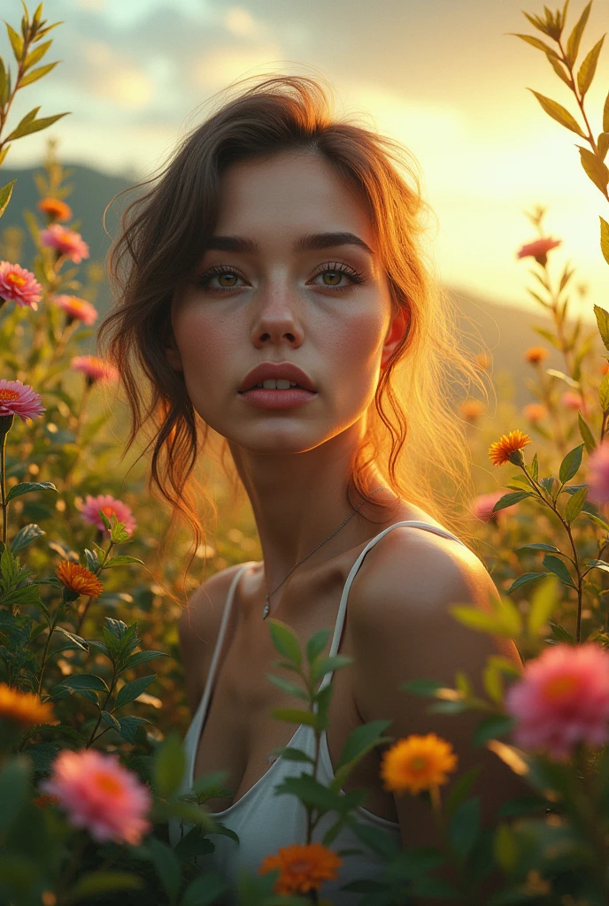 colorful gradient, nature, 1girl, animal rights activist, detailed face, beautiful eyes, detailed lips, long eyelashes, detailed hair, detailed clothing, dynamic pose, beautiful scenery, lush greenery, flowers, colorful sky, sun rays, vibrant colors, atmospheric lighting, cinematic, masterpiece, photorealistic, 8k, ultra-detailed