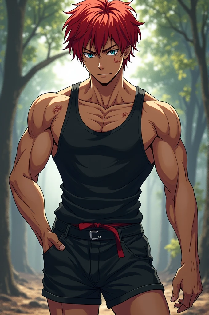 Pose simples, Handsome boy, naughty man, definitive chin, brawny, Red hair, Eyes red,  boy-3! In the forest by day, Genshin.