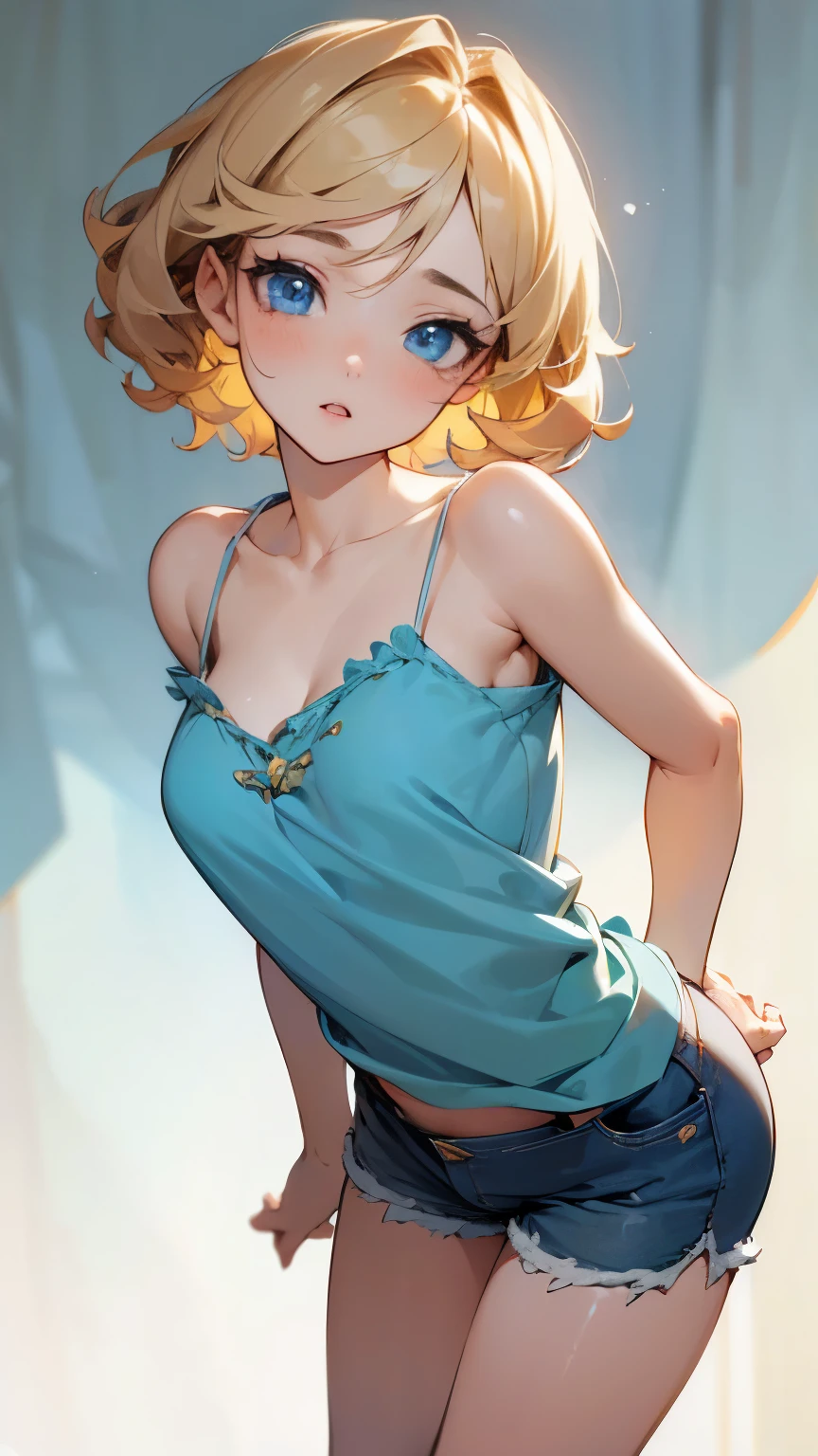 (((Turning around))), buttocks, half-naked shorts, short curly blonde hair, droopy eyes, blue eyes, no makeup, detailed face, singing expression, fitted blue camisole, beautiful half-Asian woman, leaning forward