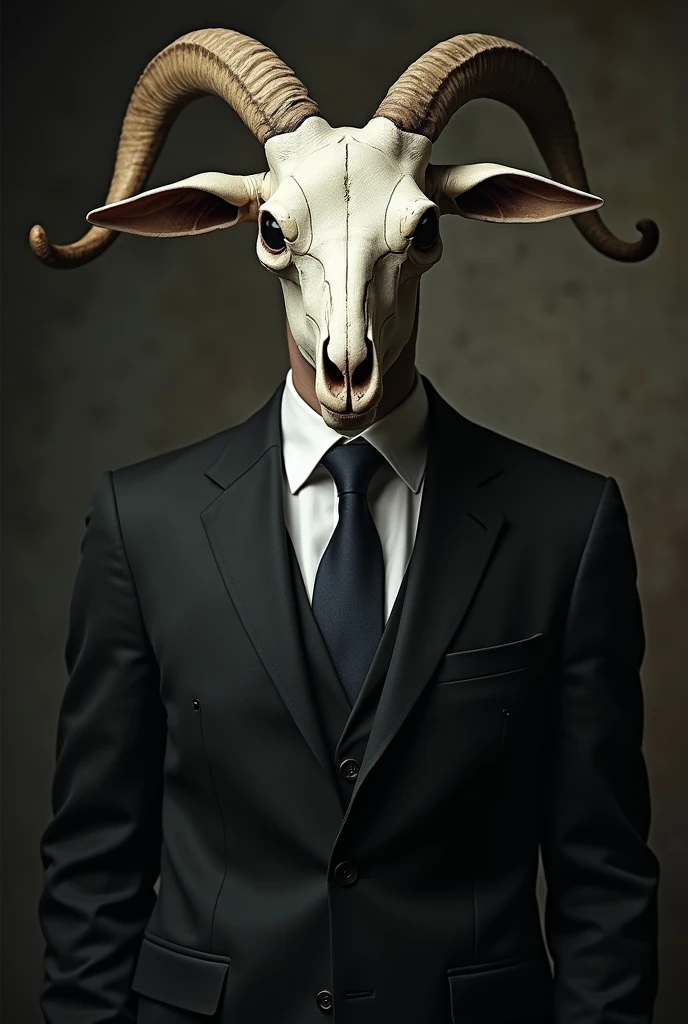 A man in a suit whose head is a bull skull with an open jaw, Inside the skull there is a shadow with red eyes