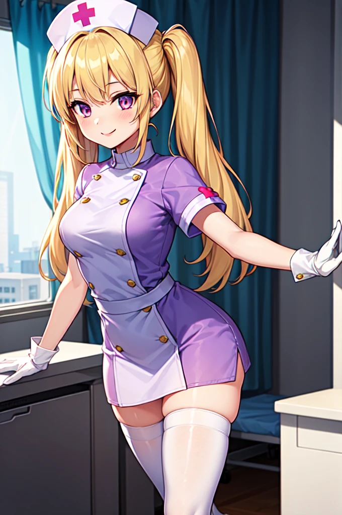 masterpiece, best quality, <lora:novel-nvwls-v2-000008:0.8> nursenovel, nurse cap, pink dress, short sleeves, cleavage, purple apron, white gloves, smile, hospital, from below, :D, large breasts, looking at viewer