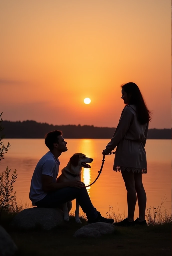Beautiful wife with wavy long hair, elegantly dressed with a short skirt, kneeling with a submissive expression by her standing husband casually dressed with a dog on a leash