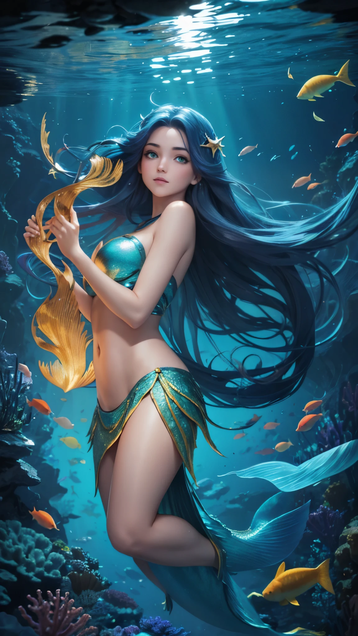 deep sea,Colorful fish,Seaweed,mysterious,Clear blue sea,Unknown fish,Dive Deep,Fantasy,The light shines through,High resolution, High-resolution model, Highest quality, Ultra high definition, bubble movie light effect, mermaid,One girl, Long Hair, Golden Eyes, 