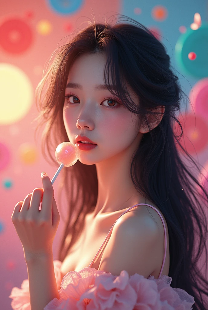 Cute korean girl that has a long hair and a candy background and has a mature face