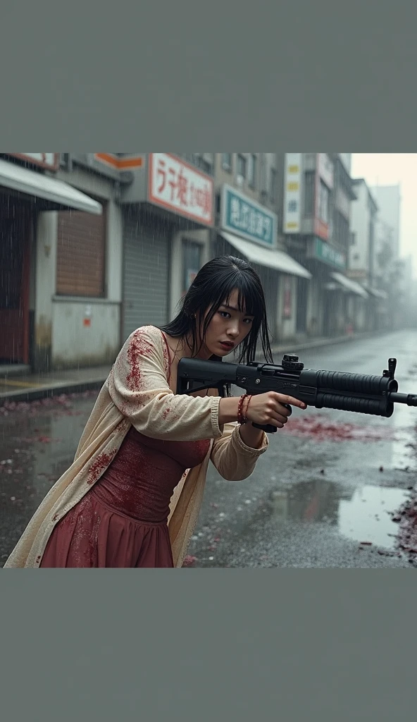 A cover image of a woman wearing a Thai school uniform, white shirt and black A-line skirt, fighting fiercely against a horde of zombies wearing different clothes, blood splattered, blood everywhere, with a baseball bat hitting the head of the zombies. She wears tattered clothes, do not expose herself. The scene is dark and atmospheric, with a realistic and fierce style. The background is an old Thai temple, with a broken down tuk tuk parked there.