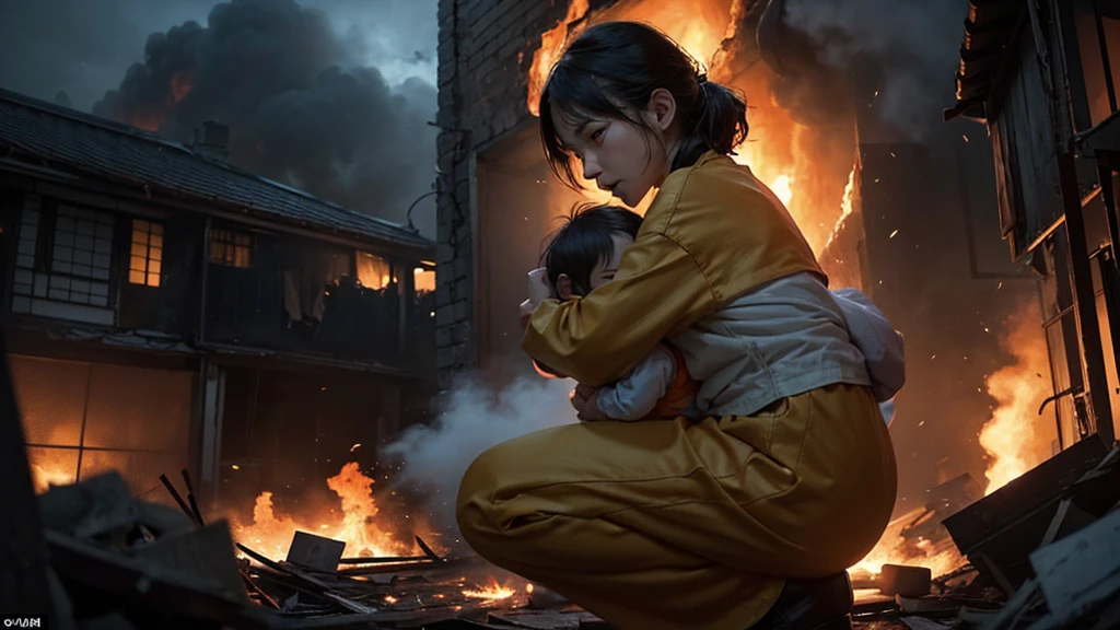 Sam carries a young  out of the burning building, both of them covered in soot but safe.
[Voiceover]: "In the face of danger, Sam's courage shone through, saving a young child's life."