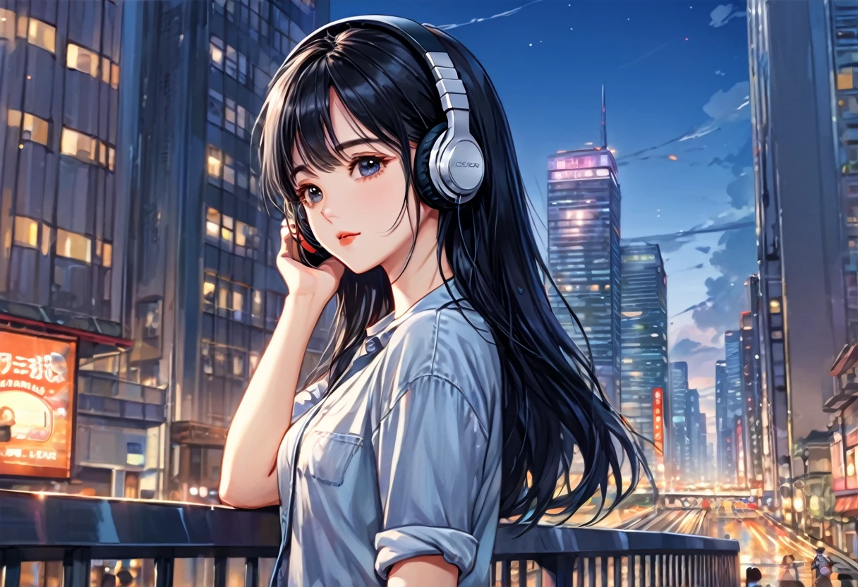 (((masterpiece, Highest quality)))、(((32K Wallpapers)))、score_9, score_8_up, 1girl, long black hair,　masterpiece, Highest quality, so beautiful、comics、anime、An illustration、One Girl、Wearing headphones and listening to music、Close ~ eyes、Chic and relaxed clothing、He is wearing a shirt and denim pants、The background is a city skyscraper、Nostalgic atmosphere in the evening