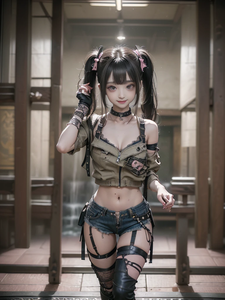 (Full Body View:1.3)、(Back view:1.4)、(Hostess:1.3)、(Smiling with teeth showing:1.3),(Shibuya Gal:1.5)、(y2k woman:1.4)、(Lolita Fashion:1.5)、(Punk RockVisual Kei:1.4)、(A modern short jacket in dark grey and moss green.:1.5)、(Tattered brown and charcoal denim low rise cargo pants:1.5)、(Mustard Yellow Headband:1.3)、(Charcoal and khaki striped knee socks:1.4)、collar、(Brown platform long boots)、(Clothing with logo pattern:1.4)、20-year-old、(Doing an aerobics pose:1.3)、NSFW,((Highest quality、In 8K、masterpiece:1.3))、Sharp focus:1.2、(Layered Cut、Huge boobs:1.1),Beautiful woman with perfect figure:1.4、(Dancing vigorously:1.3)、(Open legs:1.3)、(Raise your arms:1.2)、(Open your crotch:1.3)、Slender Abs:1.2、Butt、Highly detailed face and skin texture、Detailed eyes、double eyelid,(Twin tails:1.3)、(Cream colored hair:1.3)、Dynamic Pose、Obscene pose、Humiliating pose、Gravure idol、(Luxurious amusement park at night:1.3)、(Make your legs thinner:1.4)、(Slim body:1.3)、(clavicle:1.1)