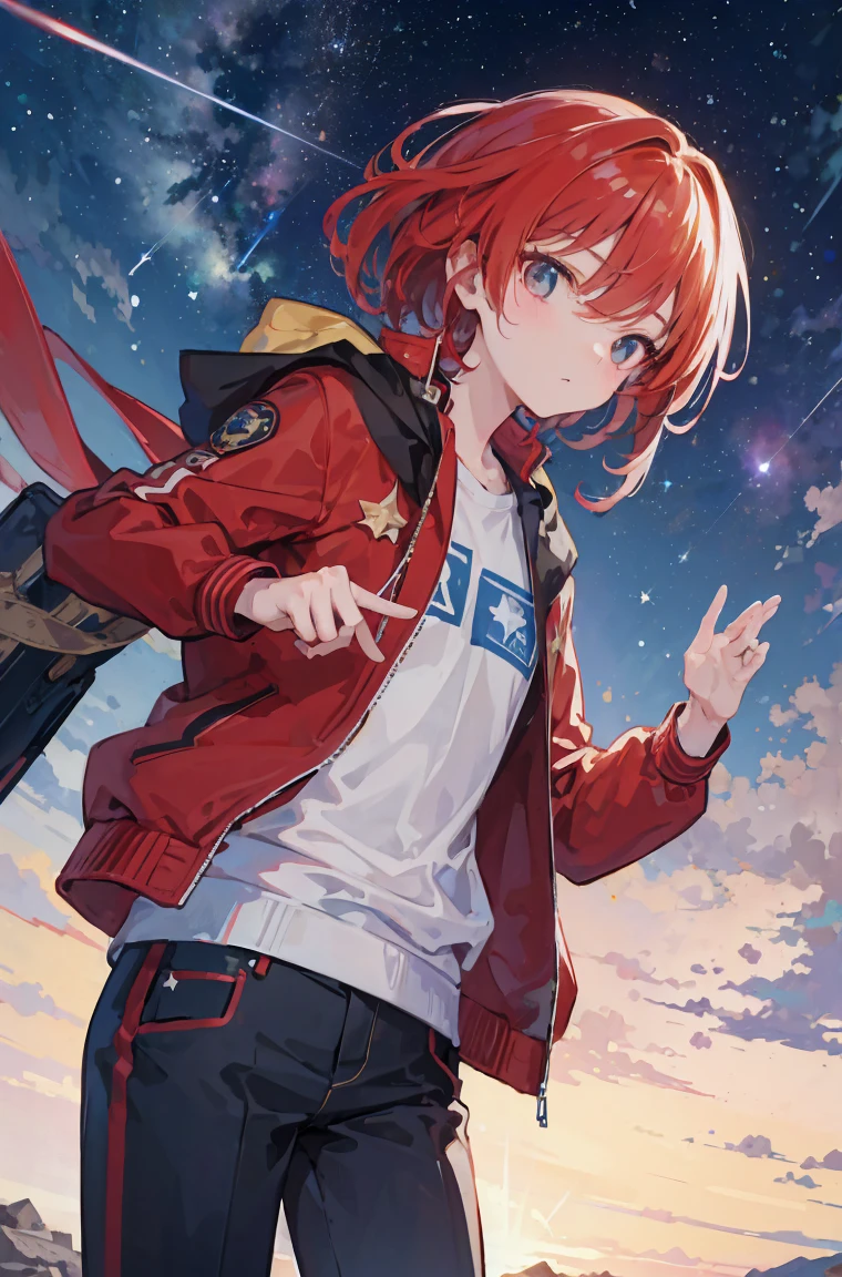 High resolution, (masterpiece:1.4), Very detailed, One junior high school student,Uyuni salt lake,Confronting the meteor shower,shooting starの下で,Makima、Red hair,Tight jacket、skinny pants、 View from above, shooting star, floating, -0 hours