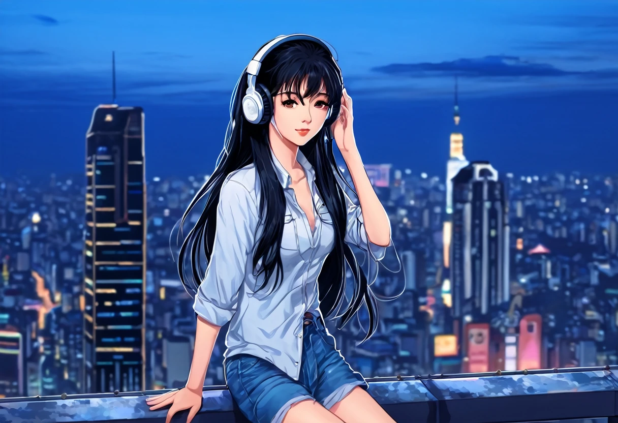 (((masterpiece, Highest quality)))、(((32K Wallpapers)))、score_9, score_8_up, 1girl, long black hair,　masterpiece, Highest quality, so beautiful、comics、anime、An illustration、One Girl、Wearing headphones and listening to music、Close ~ eyes、Chic and relaxed clothing、He is wearing a shirt and denim pants、The background is a city skyscraper、Nostalgic atmosphere in the evening