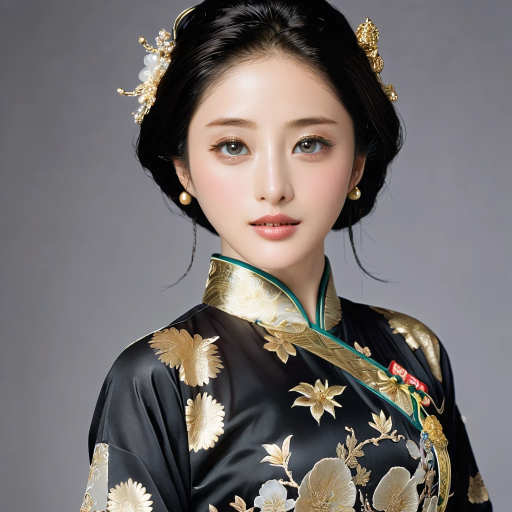 ((Highest quality)), ((masterpiece)), (detailed), （Perfect Face）、The woman is Satomi Ishihara, with black hair, large breasts, beautiful proportions and a gentle smile.、The woman is wearing a black long-slit cheongsam with gorgeous gold embroidery and trim, and is adorned with luxurious accessories.、Her hair is styled in a Chinese style.