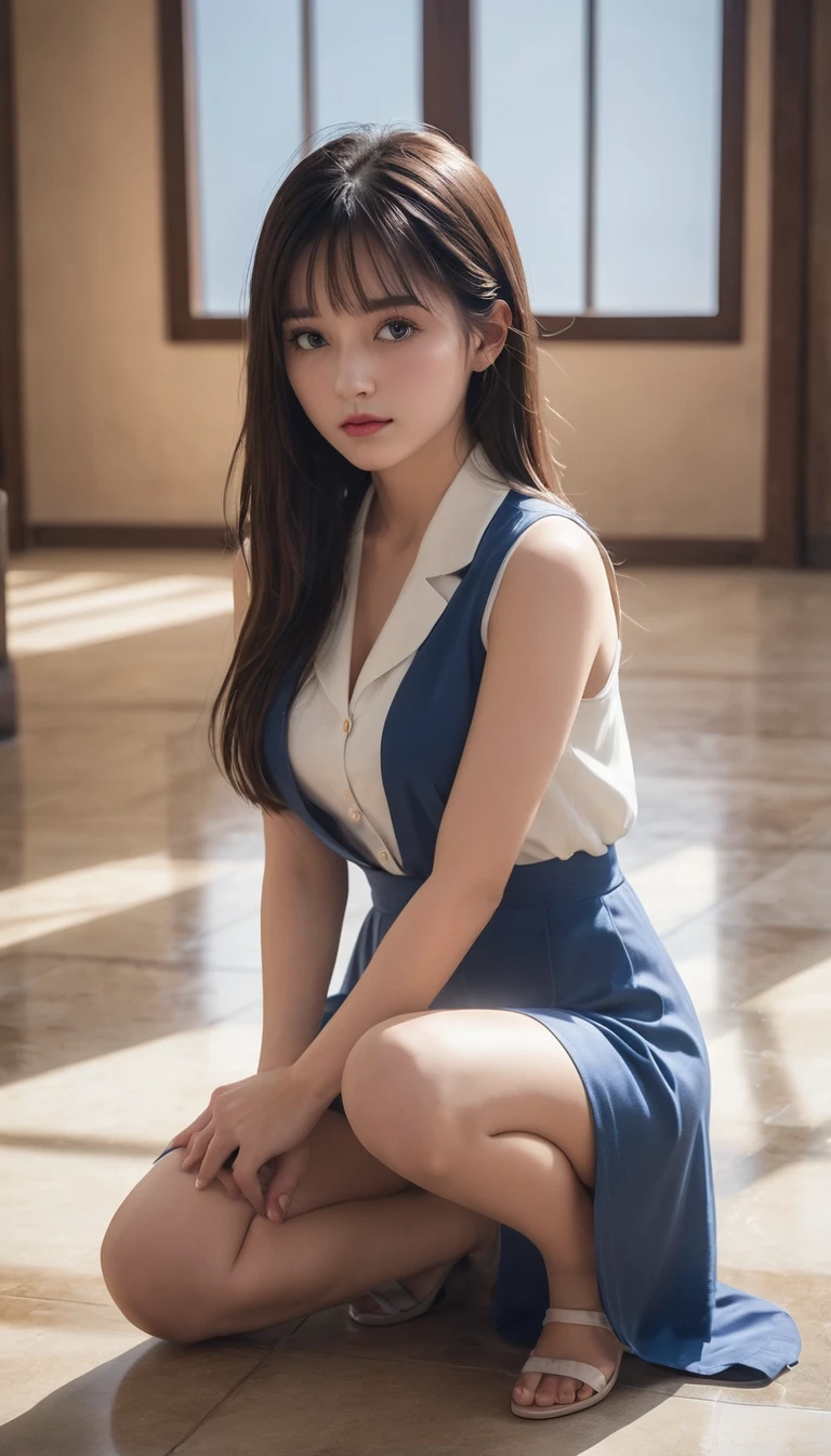 Navy blue polyester dress:10,((masterpiece)), ((highest quality)), (Very detailed), ((Very detailed)), 4K, (8k), highest quality, alone,White Room、Kind Face、Soft Light、Portrait Photography、、From the knee up、White Room、pumps