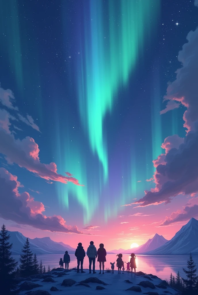 (best quality,8k,highres, masterpiece:1.2), (anime style),ultra-detailed, HDR, UHD, studio lighting, ultra-fine painting, sharp focus, physically-based rendering, extreme detail description, professional, vivid colors, bokeh, portraits, concept artists, warm color palette, dramatic lighting,The aurora borealis that appear in the Arctic Circle glow in green, yellow, blue, purple and pink in the sky, the aurora borealis with a beautiful gradation, people looking up at the sky and taking pictures, 