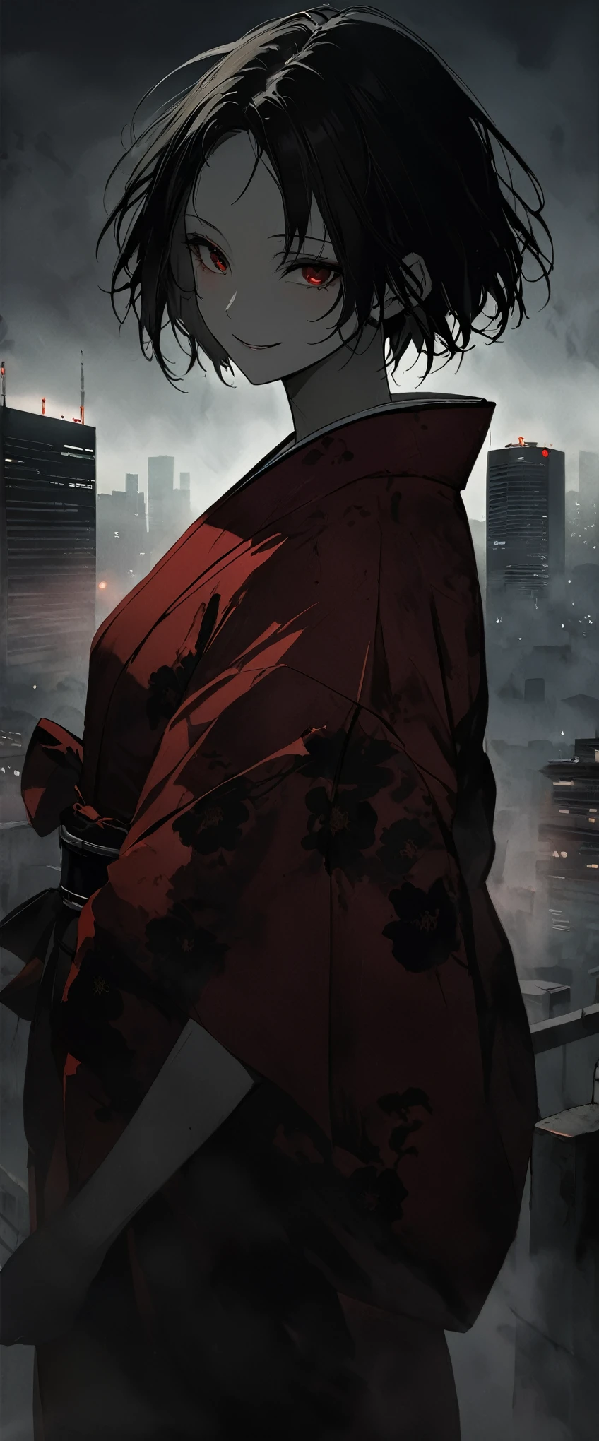 Red silk kimono。Beauty in the mist,Walking in the fog。Black belt。smile。Black short hair。forehead,Foggy Sky。 Beautiful red eyes。Portrait。Dead skin。alone。darkness。Spooky atmosphere。Japan。City of Concrete。Dark atmosphere without light。night。Red flower,Chiaroscuro,Skyscraper。