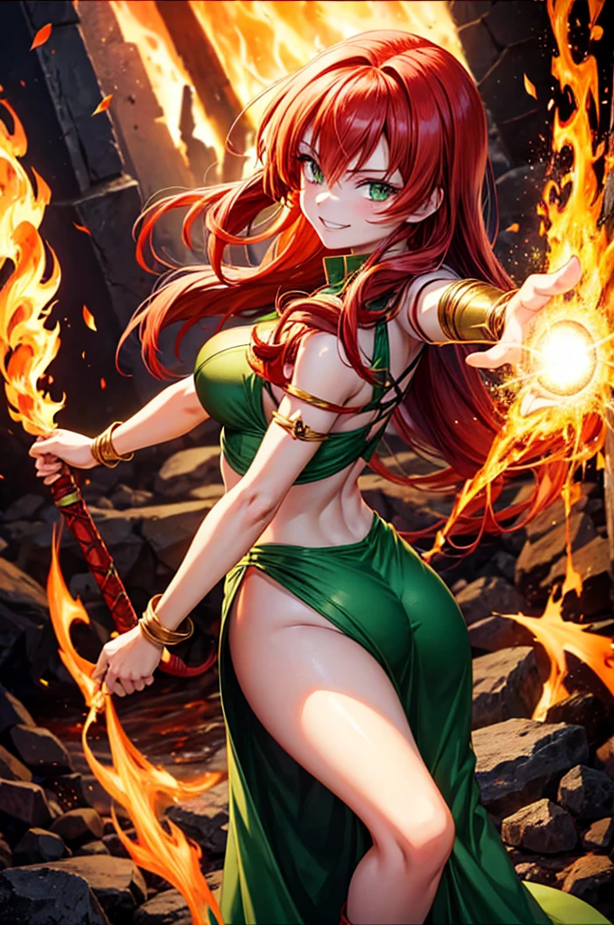 masterpiece:2, best quality:2, highly detailed:2, 8k, horror background, anime, 1girl\(20-year-old, diva, grinning, evil, athletic:1.2, muscular:1.2, abs:1.2, long legs:1.4, curly red hair, big breasts, green stockings, green thigh boots with high heels, revealing clothes:1.2, slender waist, tight butts, beautiful face, red eyes, dynamic pose\), full-body image:1.2