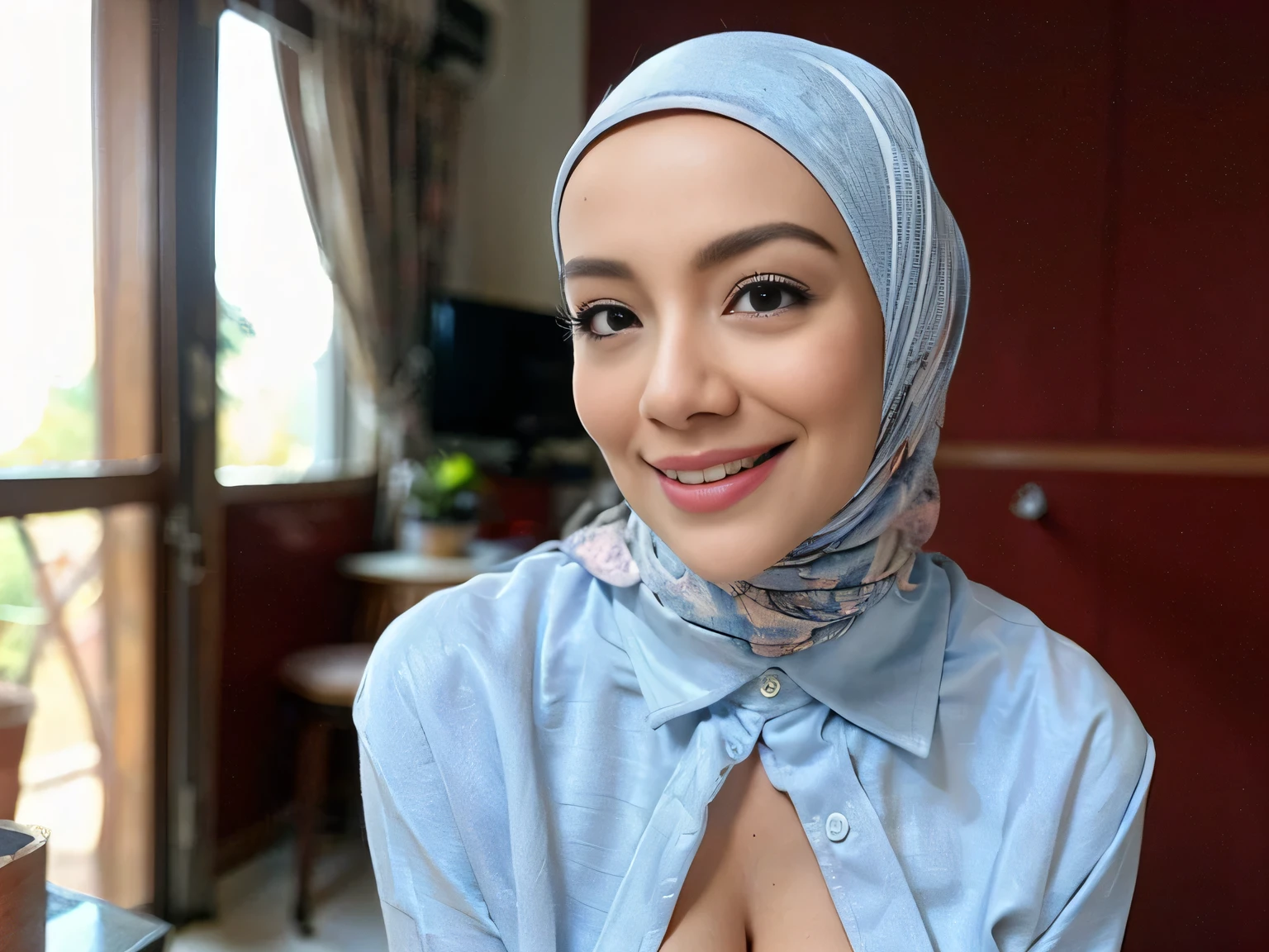 Malay girl in hijab, (naked), (realistic breast), portrait photography, cleavage, sexy, mid shot photo, ultra detail, professional photograph with professional lighting, horny, orgasm, light blue studio background, man and woman having sex in a bathroom, body press against the glass, (man standing behind woman), (1girl, 1boy), nsfw, (pov, bend over, on all four, pussy, doggystyle), (pussy, sex:1.3) , NFSW, (sex scene), view from front, facing camera, horny, slim body, orgasm, 18+,