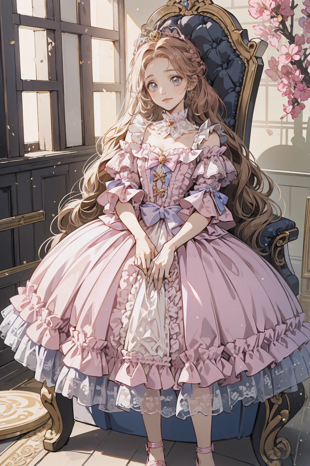 (Highest quality,4K,High resolution,masterpiece:1.2),Very detailed,Realistic:1.37,,(whole body, I can see your feet and shoes: 1.2),、((Pink Dress)), Hyperrealistic photo of a girl in a majestic light pink and gold ball gown dress, Big beautiful dress, Lots of frills and rhinestones、Intricately voluminous ball gown (Highest quality, Tabletop, Art Station, Fantasy art:1.2),  美しいcute***, (Long blonde curly hair:1.1), (Intricate short gold skirt, whole bodyショット)、Anime Style、Storytelling、、Beautiful girl、とてもcute天使、Pink Gothic Dress、cute、Baby Face、smile、Long Skirt、,Black long boots、Highest quality, masterpiece, 最High resolution, artwork, super それにGet used to it, many Get used to it, Get used to it, それにGet used to it, woman, ,((Pink Victorian Voluminous Ball Gown Dress)),Long dress,A dress with lots of frills and ribbons..Wearing a tiara on her head,luxury,One person, Pink brown hair,Pink Eyes、Pink World,(A girl wearing a pink princess skirt),Pink Hair,pink bedroom layout,Pink Bed,Pink mosquito net,Pink furniture,Pink color palette,(zenTangle, Mandala, Tangle, enTangle:0.6),(Making Art),The most beautiful chaotic shapes,Beast Design,behind,Pink High Heels,Perfect hands,