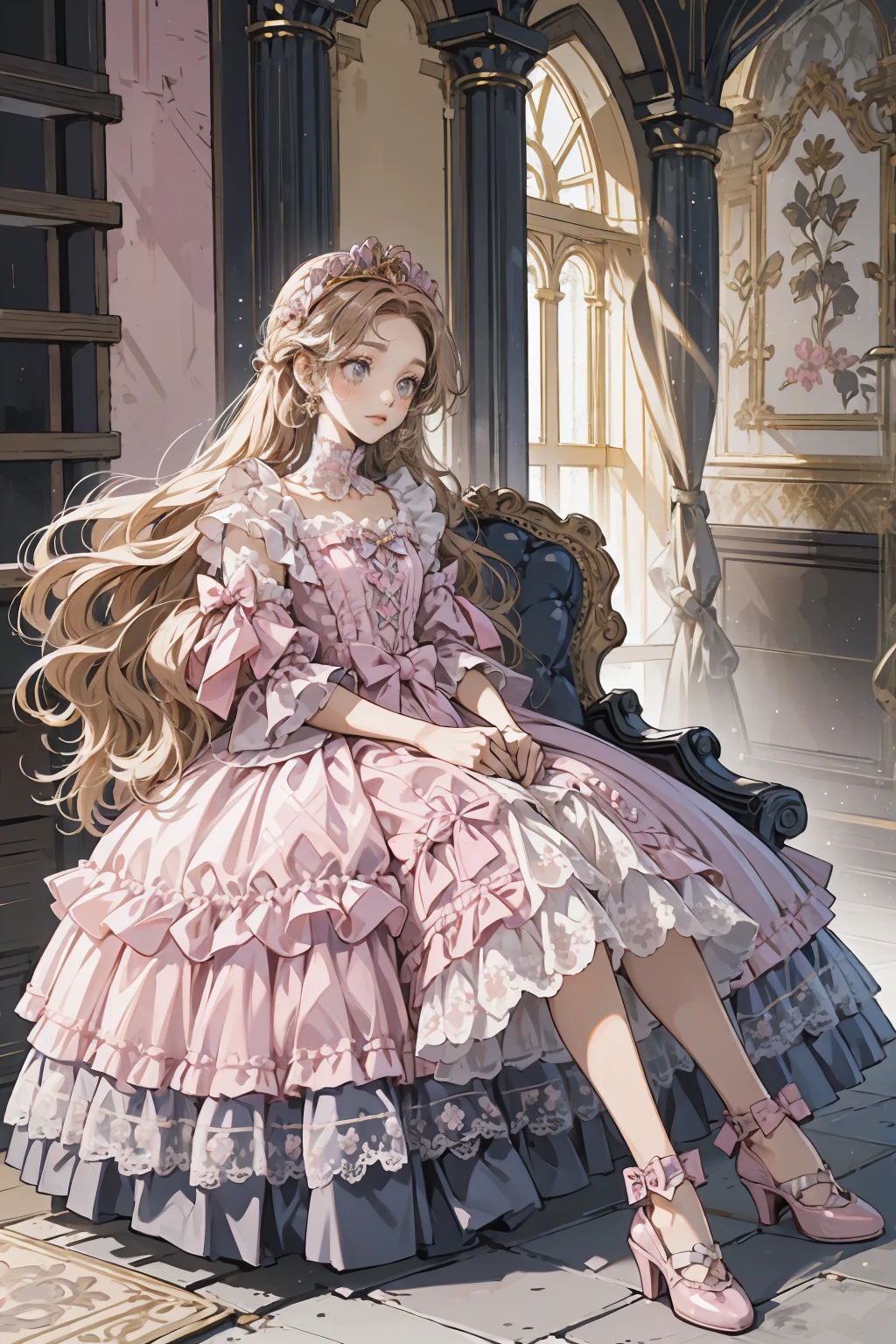 (Highest quality,4K,High resolution,masterpiece:1.2),Very detailed,Realistic:1.37,,(whole body, I can see your feet and shoes: 1.2),、((Pink Dress)), Hyperrealistic photo of a girl in a majestic light pink and gold ball gown dress, Big beautiful dress, Lots of frills and rhinestones、Intricately voluminous ball gown (Highest quality, Tabletop, Art Station, Fantasy art:1.2),  美しいcute***, (Long blonde curly hair:1.1), (Intricate short gold skirt, whole bodyショット)、Anime Style、Storytelling、、Beautiful girl、とてもcute天使、Pink Gothic Dress、cute、Baby Face、smile、Long Skirt、,Black long boots、Highest quality, masterpiece, 最High resolution, artwork, super それにGet used to it, many Get used to it, Get used to it, それにGet used to it, woman, ,((Pink Victorian Voluminous Ball Gown Dress)),Long dress,A dress with lots of frills and ribbons..Wearing a tiara on her head,luxury,One person, Pink brown hair,Pink Eyes、Pink World,(A girl wearing a pink princess skirt),Pink Hair,pink bedroom layout,Pink Bed,Pink mosquito net,Pink furniture,Pink color palette,(zenTangle, Mandala, Tangle, enTangle:0.6),(Making Art),The most beautiful chaotic shapes,Beast Design,behind,Pink High Heels,Perfect hands,