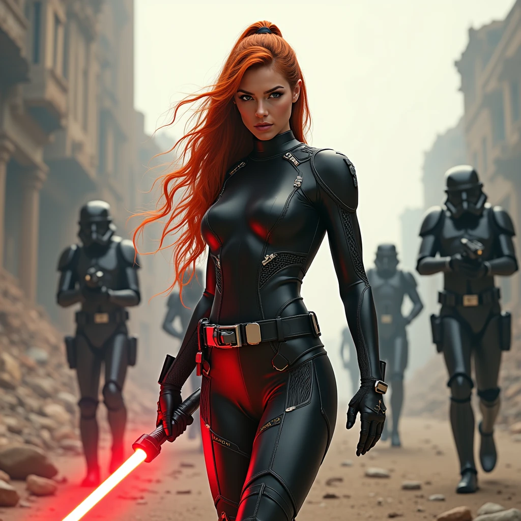 full body portrait, von Sith Lord (Star Wars, beautiful woman with medium sized breasts and firm butt), curly red hair, red Light Saber (no parry), Kampfpose, Sehr detaillierter CG, Detaillierte Textur, Hyperrealistisch, 8K resolution, Kinematografie Beleuchtung, (evil), stormtrooper in background (star wars, heavy blaster, salute)