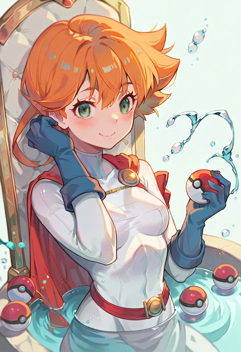 Misty_pokemon , Berry Short,Orange Hair ,Big green eyes,Small breasts,Skinny . Queen of the ocean ,water effect , beautiful outfit, crown , throne , bubble , power girl , cute , beautiful woman, blush , sweet smile, blue PokeBall 