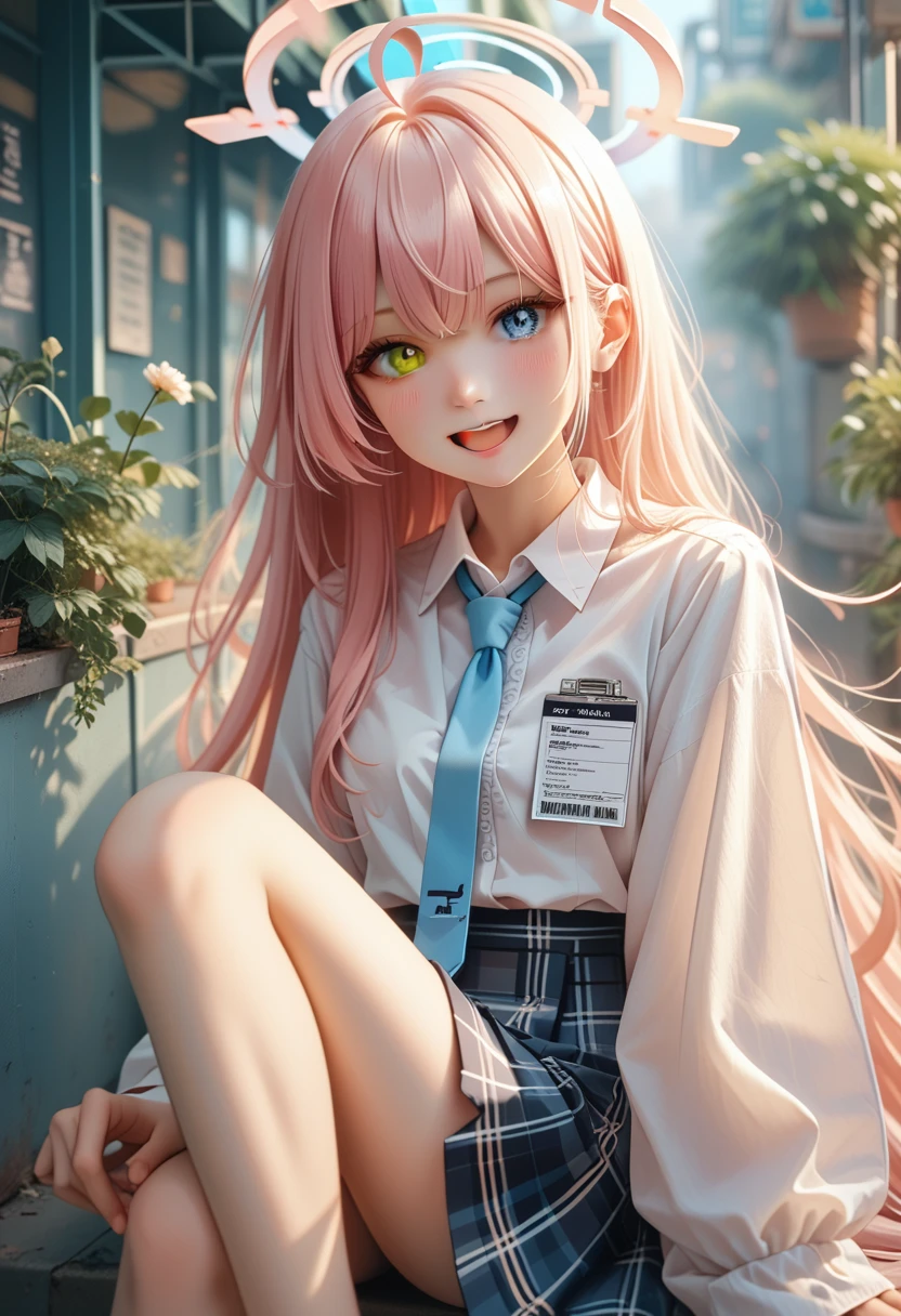 1 girl, hosino (Blue Archive), One, heterochromia, pink hair, skirt, long hair, tie, ahoge, shirt, halo, plaid skirt, Blue eyes, plaid,  looks at the viewer, white shirt, sitting, orange eyes, chest curb, curb, Long sleeves, Identity card, open mouth, very long hair, collared shirt, smile, blue tie, bang, feet behind the frame, between the legs, hand between the legs, blush, mouse girl, High resolution,masterpiece, Best quality