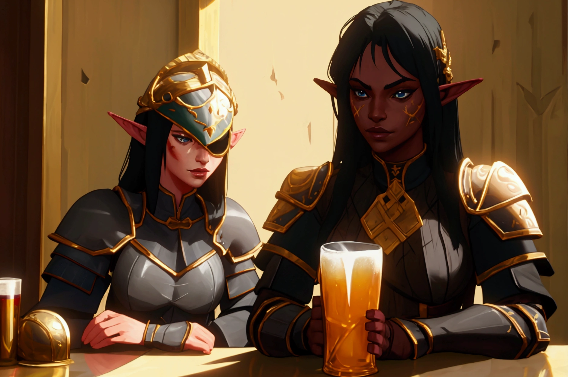 Dark elven queen, dark elf, elf queen, elven queen, thin waist, big boobs, black armored pauldrons, black armored gauntlets, white bra, white hair, dark blue skin, blue skin, one beautiful elf woman,