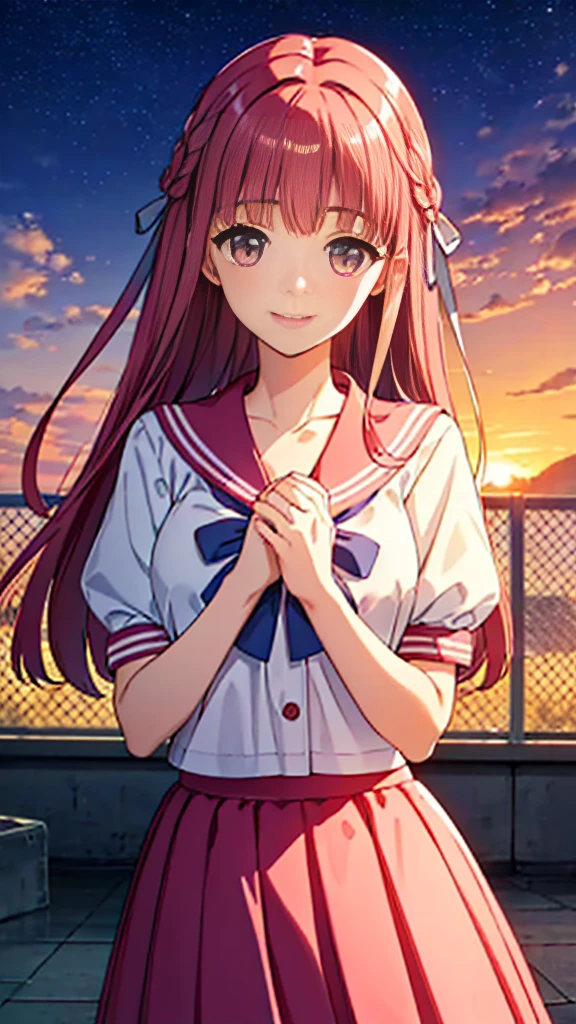 Highest quality, (masterpiece:1.2), Very detailed, Siren, in the form of a very beautiful girl, stands., (((Beautiful long, Very shiny pink hair))), She has a big ribbon in her hair., ((Pink Sailor Suit)), ((Pink pleated skirt)), Silk ivory blouse, Puff sleeves with ivory ribbon, Smile at your audience, ((so beautiful, detailed, Clear pink eyes)), Laughter, Big ribbon bow tie, An elegant and gentle expression like a noble princess, (( (Winter Night、With the sunset and the fence behind、Receiving a confession on the school rooftop。I got closest to that smile:1.1)), (Place your hands on your chest:1.3), Two Arms, (cinematic angle:1.1),