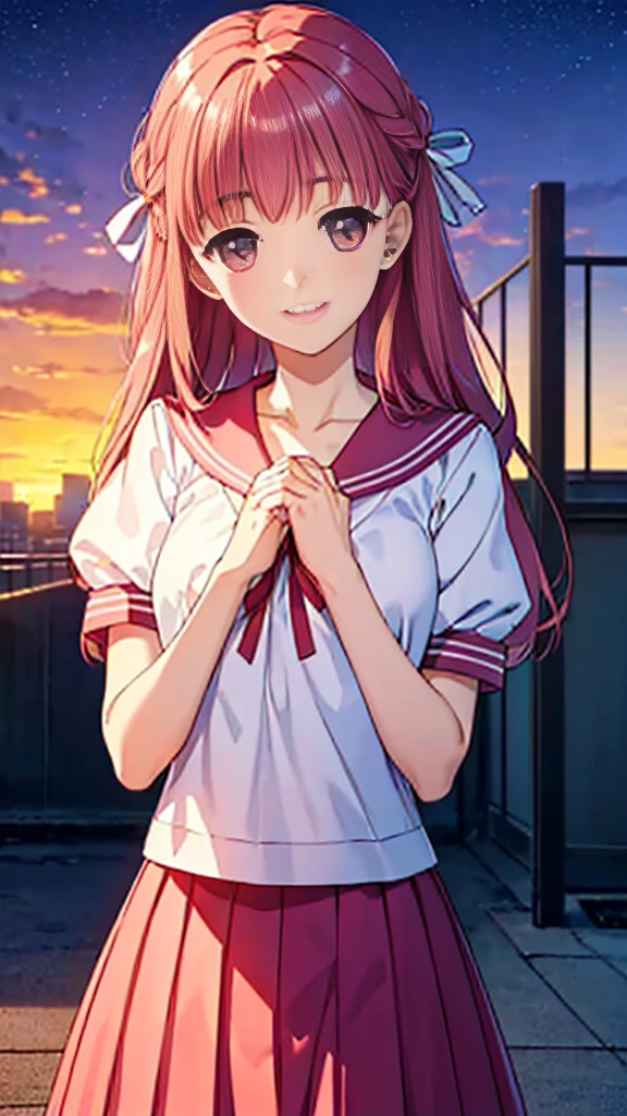 Highest quality, (masterpiece:1.2), Very detailed, Siren, in the form of a very beautiful girl, stands., (((Beautiful long, Very shiny pink hair))), She has a big ribbon in her hair., ((Pink Sailor Suit)), ((Pink pleated skirt)), Silk ivory blouse, Puff sleeves with ivory ribbon, Smile at your audience, ((so beautiful, detailed, Clear pink eyes)), Laughter, Big ribbon bow tie, An elegant and gentle expression like a noble princess, (( (Winter Night、With the sunset and the fence behind、Receiving a confession on the school rooftop。I got closest to that smile:1.1)), (Place your hands on your chest:1.3), Two Arms, (cinematic angle:1.1),