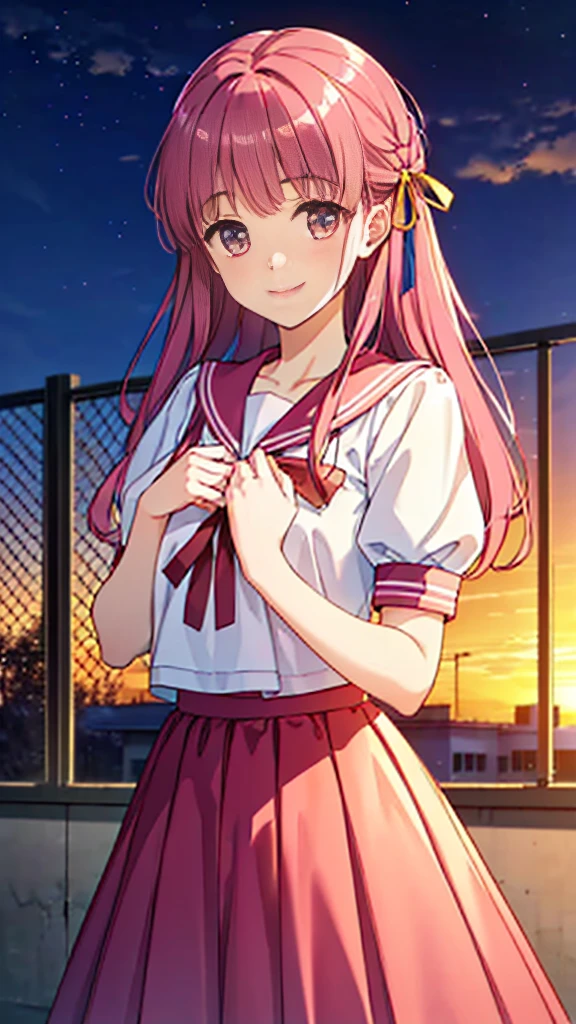 Highest quality, (masterpiece:1.2), Very detailed, Siren, in the form of a very beautiful girl, stands., (((Beautiful long, Very shiny pink hair))), She has a big ribbon in her hair., ((Pink Sailor Suit)), ((Pink pleated skirt)), Silk ivory blouse, Puff sleeves with ivory ribbon, Smile at your audience, ((so beautiful, detailed, Clear pink eyes)), Laughter, Big ribbon bow tie, An elegant and gentle expression like a noble princess, (( (Winter Night、With the sunset and the fence behind、Receiving a confession on the school rooftop。I got closest to that smile:1.1)), (Place your hands on your chest:1.3), Two Arms, (cinematic angle:1.1),