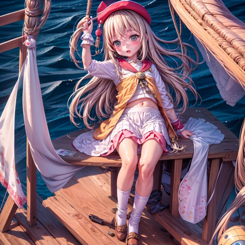 Highest quality, masterpiece, Ultra-high resolution, Realistic:1.2, RAW Photos, Intricate details, Portraiture, Big beautiful brown eyes:1.2, Perfect contours, Perfect proportions:1.2, ((female pirate:1.2)), break ((full body:1.2, ((from below:1.2)), (front shot:1.2), looking away:1.2)), ((petite, short, tiny girl:1.2)), Light Brown Hair、((long hair, twintails:1.2)), (makeup:1.2, full lips:1.3, pink lips:1.3, shiny lips:1.3, parted lips:1.2), ((Pirate costumes:1.2, Pirate Shoes)), break ((Hold your mouth、Place your hands on the floor、Kneeling on the floor、Leaning forward:1.2))、(Crying face:1.2), (The background is the deck of a pirate ship:1.2、There are a few pirates wandering around、Many pirate ships), (empty-handed)